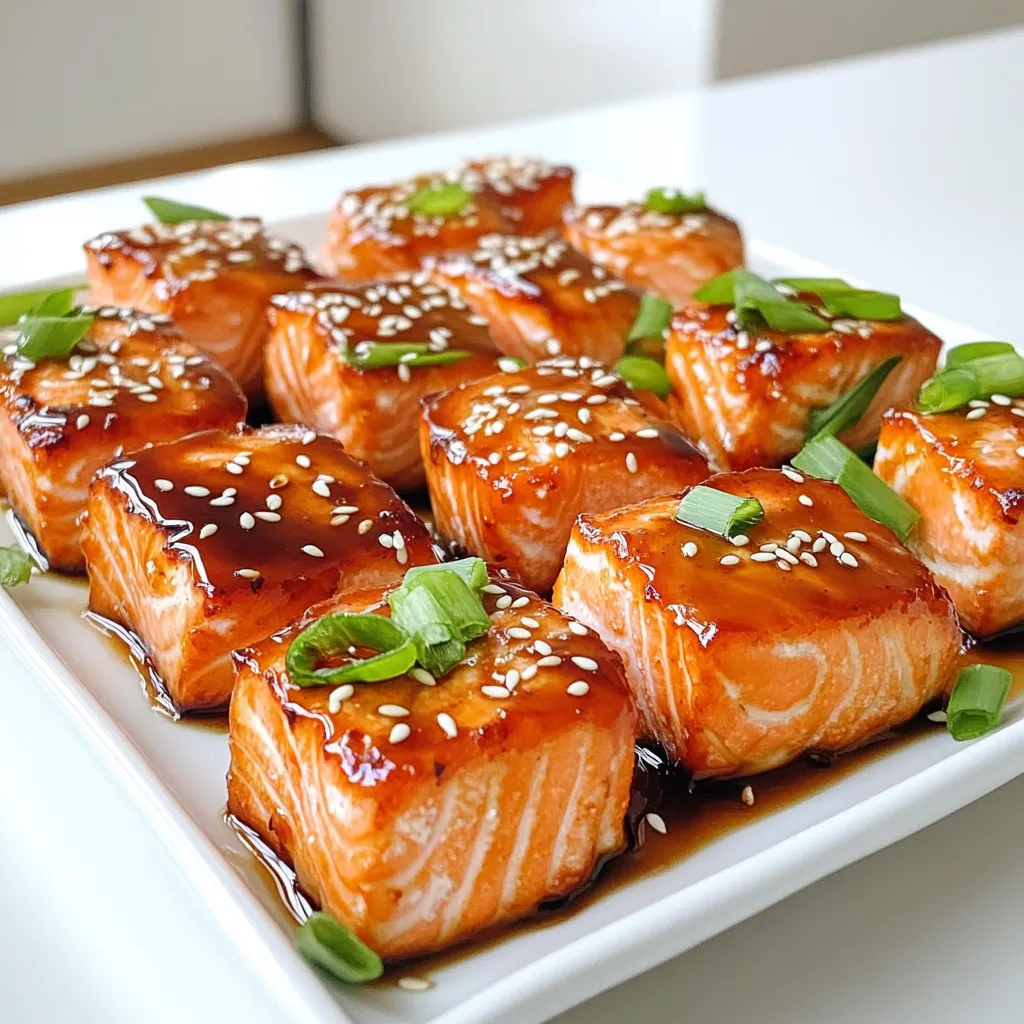 To make the Air Fryer Teriyaki Salmon Bites, you will need: - 1 lb fresh salmon fillet, skin removed and cut into bite-sized cubes - 1/4 cup low-sodium soy sauce - 2 tablespoons honey - 1 tablespoon rice vinegar - 1 tablespoon sesame oil - 2 cloves garlic, minced - 1 teaspoon fresh ginger, minced - 1 tablespoon cornstarch - 1 tablespoon sesame seeds (for garnish) - 2 green onions, chopped (for garnish) You can change up the flavors with these options: - Add a splash of lime juice for a zesty twist. - Use brown sugar instead of honey for a deeper sweetness. - Toss in some red pepper flakes for a spicy kick. If you need to swap ingredients, try these: - If you can’t find fresh ginger, use 1/4 teaspoon ground ginger. - Swap sesame oil with olive oil for a different flavor base. - Use coconut aminos in place of soy sauce for a soy-free option. First, gather all your ingredients. In a medium bowl, combine the soy sauce, honey, rice vinegar, sesame oil, garlic, and ginger. Whisk them together until they mix well. Next, add your salmon cubes to the bowl. Gently toss the salmon in the marinade until every piece is coated. Let it sit for at least 15 minutes. This time helps the salmon soak up all the tasty flavors. While the salmon marinates, preheat your air fryer to 400°F (200°C). This usually takes about 5 minutes. Preheating is key for crispy bites. Be sure not to skip this step. It helps cook the salmon evenly and brings out the flavors. After marinating, sprinkle cornstarch over the salmon. Toss the cubes again to coat them well. This step adds a nice crispiness. Place the salmon bites in a single layer in the air fryer basket. Avoid crowding them. If needed, cook in batches. Air fry for 8-10 minutes. Halfway through, shake the basket to ensure even cooking. Check for a golden brown color and doneness. Once ready, carefully take them out. Place the salmon bites on a serving plate and garnish with sesame seeds and chopped green onions. Enjoy your meal! To get that crispy outside, use cornstarch. After marinating, sprinkle it on the salmon. This step makes a big difference. The cornstarch creates a nice crunch when you air fry. Make sure to toss gently to coat each piece well. Air fryers cook food quickly. To ensure even cooking, space the salmon bites apart. Do not overcrowd the basket. If you have a lot, cook in batches. Also, shake the basket halfway through cooking. This helps all sides get heat, making them golden and tasty. Want to take your teriyaki salmon bites to the next level? Try adding a splash of lime juice for zest. You could also mix in a little chili paste for heat. Fresh herbs like cilantro can add a bright flavor too. Don't be afraid to experiment with flavors you love! {{image_2}} You can switch up the flavors in your teriyaki salmon. Try using orange juice instead of honey for a citrus twist. You can also mix in some sriracha for a spicy kick. If you want a sweeter taste, use maple syrup instead of honey. Each change gives the salmon its own unique flavor profile. If you don't have an air fryer, you can still enjoy teriyaki salmon bites. You can grill them on a barbecue for that smoky flavor. Baking is another option; just set your oven to 400°F and cook for 12-15 minutes. Pan-frying is also a great choice. Use a non-stick skillet and cook the salmon on medium heat until golden brown. Pair these salmon bites with rice or quinoa to round out the meal. A fresh salad on the side adds a nice crunch. You can also serve them with steamed veggies for extra nutrition. For a fun twist, try using them as a filling in lettuce wraps. The options are endless! After you finish cooking the teriyaki salmon bites, let them cool. This helps keep them fresh. Place the bites in a shallow dish. Cover them with a lid or plastic wrap. You can store them in the fridge for up to three days. To reheat the salmon bites, use an air fryer for best results. Preheat your air fryer to 350°F (175°C). Place the salmon bites in the basket for about 3-5 minutes. This will keep them crispy and tasty. You can also use a microwave, but they may not stay crispy. If you go this route, heat them for about 30 seconds at a time until warm. If you want to freeze the salmon bites, first cool them completely. Place them in a freezer-safe container. You can also use freezer bags. Make sure to remove as much air as possible. They can last in the freezer for up to two months. When you're ready to eat, thaw them in the fridge overnight. Then, reheat as mentioned above. This keeps them flavorful and delicious. Yes, you can use frozen salmon. Just thaw it in the fridge before cooking. This helps keep the salmon moist and tasty. You can marinate it the same way as fresh salmon. However, make sure to remove any excess water after thawing. This will help the marinade stick better. The salmon is done when it turns opaque and flakes easily with a fork. You can also check the internal temperature. It should reach 145°F (63°C). If you see a light pink inside, it may need a bit more time. Remember, overcooking can make it dry, so keep an eye on it. Teriyaki salmon bites pair well with rice, veggies, or a salad. You can serve them over steamed rice for a full meal. Try adding some stir-fried broccoli or snap peas for crunch. A simple cucumber salad also adds freshness. These sides complement the sweet and savory flavors of the salmon. In this post, we covered the ingredients needed for teriyaki salmon bites, including measurements and substitutions. We shared step-by-step instructions for marinating, cooking, and ensuring the fish cooks evenly. You learned tips for texture and flavor that enhance the dish. We also explored variations and provided storage and reheating tips. Teriyaki salmon bites are easy to make and delicious. Try different marinades to keep it fun. Enjoy cooking and serving this tasty meal!