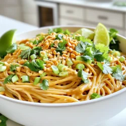- 200g rice noodles - 1/4 cup creamy peanut butter - 2 tablespoons soy sauce - 2 tablespoons sriracha The main ingredients make this dish quick and tasty. Rice noodles cook fast. They soak up flavors well. Creamy peanut butter gives a rich taste. Soy sauce adds depth and saltiness. Sriracha brings the heat. Adjust it to your liking to control the spice. - 1 cup mixed vegetables (e.g., bell peppers, carrots, broccoli), steamed - 1 tablespoon honey or maple syrup - 1 tablespoon sesame oil You can add mixed vegetables for more nutrition. Steaming them keeps their crunch. Honey or maple syrup balances the spice. Sesame oil adds a nice aroma. These ingredients are not needed, but they make the dish even better. - 2 green onions, thinly sliced - 1/4 cup chopped fresh cilantro - 1/4 cup crushed peanuts for garnish Garnishing is key for a great look and taste. Green onions give a fresh crunch. Cilantro adds a burst of flavor. Crushed peanuts sprinkle on top for texture. You can mix and match garnishes to fit your taste. To cook rice noodles, bring a pot of water to a boil. Add 200 grams of rice noodles to the boiling water. Cook them for about three to five minutes, or until they are soft. Check the package for exact times. Once cooked, drain the noodles using a colander. Rinse them under cold water to stop the cooking. This step helps keep the noodles from sticking together. In a large mixing bowl, combine 1/4 cup of creamy peanut butter, 2 tablespoons of soy sauce, and 2 tablespoons of sriracha. You can adjust the sriracha to your taste. Add 1 tablespoon of honey or maple syrup, 1 tablespoon of sesame oil, and 1 tablespoon of lime juice. Mix the ingredients well until you get a smooth sauce. If the sauce is too thick, add a little water to reach your desired consistency. It should coat the noodles nicely. Add the cooked noodles to the bowl with the sauce. Toss the noodles well to coat them evenly with the spicy peanut sauce. If you want, fold in 1 cup of steamed mixed vegetables, like bell peppers or broccoli. This adds color and nutrients. Once everything is mixed, garnish the dish with sliced green onions, chopped cilantro, and crushed peanuts. This adds crunch and flavor. Enjoy your tasty creation! To get the right spice level, use sriracha. Start with two tablespoons. If you like it hotter, add more. Taste as you go. For sweetness, honey or maple syrup works great. Start with one tablespoon. You can always add more if you want it sweeter. Serve your noodles in a nice bowl. It makes a big difference. Drizzle a bit of sesame oil on top for shine. This adds a lovely look and taste. Don't forget lime wedges! They bring a fresh taste and bright color. Cook your rice noodles ahead of time. You can store them in the fridge. This cuts down on your cooking time. Also, mix your sauce in advance. Keep it in a jar. That way, you can grab it when you need it! {{image_2}} You can switch rice noodles for many other types. Try using spaghetti, udon, or even whole wheat noodles. Each noodle type brings a unique texture. If you need gluten-free options, use rice noodles or gluten-free pasta. They work great in this dish. Want to add more protein? Tofu is a fantastic option. Just cube it and sauté until golden. You can also use chicken. Cook it in a pan with a little sesame oil. For seafood lovers, shrimp adds a nice touch. Cook shrimp until pink, then mix it in. Get creative with your flavors! You can add hoisin sauce for sweetness or chili oil for more heat. Different spices like garlic powder or ginger elevate the taste. Adding steamed vegetables like bell peppers or broccoli is a great way to get more nutrition. Mix and match to find your favorite combination! After enjoying your Minute Spicy Peanut Noodles, store any leftovers safely. First, let the noodles cool down. Place them in an airtight container. This keeps out air and moisture. You can use glass or plastic containers. Glass is great for reheating. Store the noodles in the fridge. They will stay fresh for up to three days. To reheat your noodles and keep them nice, use a microwave. Start by placing the noodles in a microwave-safe bowl. Add a splash of water to keep them moist. Cover the bowl with a microwave-safe lid or wrap. Heat on medium power for about one minute. Stir and check if they are warm. If not, heat for another 30 seconds. This way, they won’t dry out. Yes, you can freeze spicy peanut noodles! First, let them cool completely. Place them in freezer bags or airtight containers. Remove as much air as possible. Label the bags with the date. They can stay in the freezer for up to three months. When you are ready to eat, take them out and thaw overnight in the fridge. To reheat, follow the same microwave method mentioned above. Enjoy your tasty noodles even after freezing! Minute Spicy Peanut Noodles take just 15 minutes. You spend about 5 minutes on prep and 10 minutes on cooking. Start by cooking the rice noodles according to package instructions. While they cook, you can mix the sauce ingredients. This quick time makes it perfect for busy days. If you have a peanut allergy, use sunflower seed butter or almond butter. Both work well in this recipe. Sunflower seed butter has a similar texture and adds a nice flavor. Almond butter is also creamy and nutty, which enhances the dish. Yes, you can easily make this recipe vegan. Swap honey for maple syrup to keep it plant-based. Also, check that your soy sauce is vegan. For flavor adjustments, you may add a little more sriracha for spice or more lime juice for brightness. This keeps the dish tasty and satisfying! You’ve learned how to make delicious spicy peanut noodles. We covered essential ingredients, step-by-step instructions, and helpful tips. Don’t forget about variations and storage advice to keep your dish fresh. You can adjust flavors and use different proteins to keep it exciting. Make this recipe your own, and enjoy the process. With a little practice, you'll create tasty meals that impress everyone. Dive into cooking and have fun with your food!