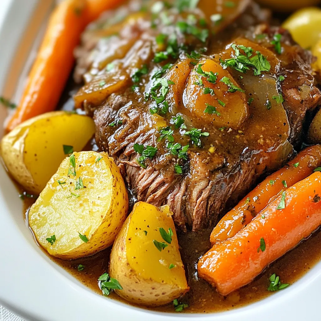 - 3-4 lb chuck roast - 1 tablespoon olive oil - 1 large onion, chopped - 4 garlic cloves, minced - 4 carrots, peeled and cut into chunks - 4 medium potatoes, quartered The chuck roast is the star of this dish. It becomes tender and juicy when cooked slowly. Olive oil helps sear the meat, adding flavor. The vegetables give taste and texture. Onions and garlic bring sweetness and depth. Carrots and potatoes round out the meal, making it hearty. - 2 cups beef broth - 2 tablespoons Worcestershire sauce - 1 tablespoon fresh rosemary, chopped - 1 tablespoon fresh thyme, chopped - 1 teaspoon salt - 1 teaspoon black pepper - 2 bay leaves The beef broth adds richness and moisture. Worcestershire sauce gives a savory kick. Fresh rosemary and thyme add bright, herbal notes. Salt and black pepper enhance all the flavors. Bay leaves infuse a subtle earthiness during cooking. - Fresh parsley for garnish - Additional seasoning options You can add fresh parsley for a pop of color. It also adds a fresh taste. Feel free to use other spices to customize the flavor. Try garlic powder, onion powder, or paprika for a twist. {{ingredient_image_1}} 1. Preheat your oven to 300°F (150°C). This low heat helps keep the roast tender. 2. Sear the roast: In a large Dutch oven, heat 1 tablespoon of olive oil over medium-high heat. Season the 3-4 lb chuck roast with 1 teaspoon of salt and 1 teaspoon of black pepper. Once the oil is hot, add the roast. Cook each side for about 4-5 minutes until it's browned. This step adds great flavor. Remove the roast and set it aside. 3. Sauté onions and garlic: In the same pot, add 1 large chopped onion and 4 minced garlic cloves. Sauté them for about 3-4 minutes or until they become soft and fragrant. This step builds a strong flavor base. 4. Add vegetables and liquids: Now, toss in 4 chopped carrots and 4 quartered medium potatoes. Mix them with the onion and garlic for about 2-3 minutes. This adds sweetness and texture to the dish. 5. Pour in the liquids: Add 2 cups of beef broth and 2 tablespoons of Worcestershire sauce. Scrape up the brown bits from the bottom of the pot. These bits add a rich flavor to the broth. 6. Return the roast to the pot: Place the seared roast back into the pot. Add 1 tablespoon of chopped fresh rosemary, 1 tablespoon of chopped fresh thyme, and 2 bay leaves. Make sure the herbs are spread around the meat evenly. 7. Cooking time in the oven: Cover the Dutch oven with a lid and transfer it to your preheated oven. Cook for about 3-4 hours. The roast will be done when it's tender and shreds easily with a fork. 8. Resting and slicing the pot roast: Once cooked, take the pot out of the oven. Remove the roast and let it rest for a few minutes. This helps the juices to settle. After resting, slice the roast against the grain. 9. Serve: Discard the bay leaves and serve the roast with the vegetables. Spoon some of the flavorful cooking liquid over the top. Enjoy your hearty meal! To get a good sear on your chuck roast, start with high heat. This helps create a nice brown crust. The brown color adds flavor to your dish. Avoid adding moisture when searing. If the pan is too wet, the meat will steam instead of sear. Make sure the oil is hot before adding the roast. Herbs and spices play a big role in boosting flavor. Fresh rosemary and thyme add a wonderful taste to the pot roast. Don’t skip these! Using quality beef broth also makes a difference. A rich broth adds depth and richness to your dish. It helps keep the meat moist and flavorful as it cooks. For the best side dishes, think about crusty bread or a fresh salad. Both work well with pot roast. They help soak up the delicious broth. When serving, use a large platter for a beautiful display. Garnish with fresh parsley for a pop of color. This makes the meal look even better. Pro Tips Use a Meat Thermometer: For perfect doneness, check the internal temperature of the roast; it should reach at least 195°F (90°C) for optimal tenderness. Let it Rest: Allow the pot roast to rest for at least 10-15 minutes after cooking to retain its juices and enhance flavor. Customize Vegetables: Feel free to add other vegetables like parsnips or turnips according to your taste preferences for a different flavor profile. Make it Ahead: This pot roast tastes even better the next day; prepare it ahead of time and reheat gently for a delicious meal. {{image_2}} You can switch up the meat in your pot roast. A brisket or round roast works well. Brisket has rich flavor and stays juicy. Round roast is leaner and can still be tender. Both cuts give you great options for taste and texture. Just adjust the cook time if needed. You can add more veggies to your pot roast. Try turnips, parsnips, or sweet potatoes. They add unique flavors and colors. Greens like kale or spinach can also boost nutrition. Make sure to cut them into similar sizes for even cooking. This way, all the veggies cook perfectly together. Experiment with herbs and spices to change the flavor. You can use thyme and rosemary for a classic taste. If you want bold flavors, try cumin or smoked paprika. Fresh herbs like parsley or oregano can add brightness. Don't be afraid to mix and match. Your pot roast can be a new dish each time! To keep your pot roast fresh, cool it first. Place it in airtight containers. Store in the fridge for up to three days. Label the containers with the date for easy tracking. This helps avoid waste and keeps your meal safe. If you want to save some for later, freezing works great. Cut the roast into smaller pieces. Wrap each piece tightly in plastic wrap. Then, place them in a freezer-safe bag. Squeeze out as much air as you can. This helps prevent freezer burn. You can freeze it for up to three months. To thaw, move it to the fridge overnight before using. Reheating your pot roast can bring back its tasty goodness. The best way is to use a slow cooker. Add a splash of beef broth to keep it moist. Heat on low for 2-3 hours. If you're in a hurry, use the microwave. Place the roast in a microwave-safe dish, cover it, and heat in short bursts. Stir in between to check the heat. Enjoy your flavorful comfort dish! It takes about 3-4 hours to cook a pot roast in a Dutch oven. The low and slow method is key. This helps the meat become tender. Yes, you can use a different pot. A heavy pot with a lid works well. A slow cooker is another option. Just adjust the cooking time for the new pot. Here are some great side dishes to serve with pot roast: - Mashed potatoes - Roasted vegetables - Crusty bread - A fresh green salad These add balance to the meal. You can tell the pot roast is done when it’s very tender. Use a fork to test it. If it shreds easily, it's ready. The internal temperature should be at least 195°F. In this post, we explored how to make the perfect pot roast. We covered main ingredients like chuck roast and vegetables and discussed seasoning options. The step-by-step guide detailed preparation, cooking, and finishing touches. Tips helped you achieve a great sear and enhance flavors. You can also try variations with different cuts of meat and vegetables. With proper storage and reheating methods, you can enjoy your pot roast later. Now, you have the tools to create a flavorful and comforting meal for family and friends. Enjoy every bite!
