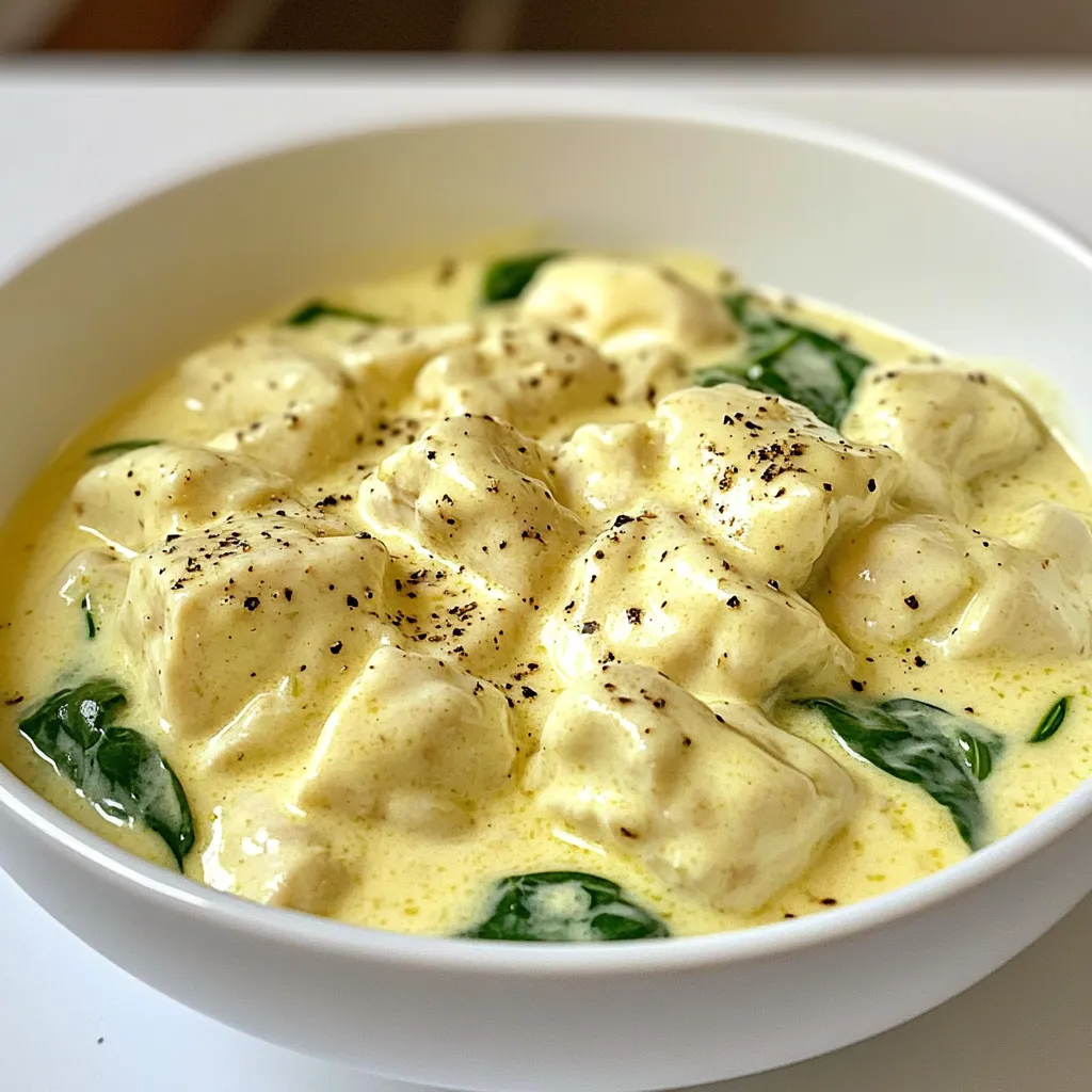 - 1 lb boneless, skinless chicken breast, diced - 1 cup cauliflower florets - 1 cup low-sodium chicken broth - 1/2 cup plain Greek yogurt - 1 tablespoon olive oil - 3 cloves garlic, minced - 1 teaspoon onion powder - 1 teaspoon dried thyme - Salt and pepper to taste - 1 tablespoon nutritional yeast (optional for cheesy flavor) - Additional vegetables like carrots or bell peppers - Herbs for freshness (e.g., parsley or basil) To create my Healthy Low Calorie Creamy Chicken, I focus on fresh and wholesome ingredients. The main star is the boneless, skinless chicken breast. It provides lean protein, which is great for muscle health. I add cauliflower florets to give the dish a creamy texture without heavy cream. The Greek yogurt adds a rich, tangy flavor while keeping the calories low. For seasonings, olive oil and garlic bring depth to the dish. I often use onion powder and dried thyme to enhance the flavor. Salt and pepper are basic but essential to make everything pop. If you want a cheesy flavor without the calories, sprinkle in some nutritional yeast. I love to personalize this recipe. You can toss in extra vegetables like carrots or bell peppers for added nutrition. Fresh herbs like parsley or basil can brighten up the dish. These optional add-ins make the meal even more colorful and tasty. {{ingredient_image_1}} - In a large pot, heat 1 tablespoon of olive oil over medium heat. - Add 3 cloves of minced garlic and sauté for about 1 minute until fragrant. - Next, add 1 pound of diced chicken breast. - Season the chicken with salt, pepper, 1 teaspoon of onion powder, and 1 teaspoon of dried thyme. - Cook for about 5-6 minutes until the chicken is browned and cooked through. - Add 1 cup of cauliflower florets and 1 cup of low-sodium chicken broth to the pot. - Bring the mixture to a boil, then reduce the heat. - Let it simmer for about 10 minutes, until the cauliflower is tender. - Once the cauliflower is cooked, remove the pot from the heat. - Use an immersion blender to blend the mixture until smooth. - If you don't have an immersion blender, transfer it to a regular blender in batches. - Return the smooth mixture to low heat. - Stir in 1/2 cup of plain Greek yogurt and nutritional yeast if you want a cheesy flavor. - Finally, add 1 cup of chopped spinach and cook for an additional 2-3 minutes until the spinach is wilted. - Taste and adjust seasoning if needed, adding more salt or pepper as desired. To achieve a smooth and creamy texture, use an immersion blender. This tool blends the dish right in the pot. It saves time and reduces cleanup. If you don’t have one, a regular blender works well too. Just be careful when transferring hot liquid. You can adjust the dish’s thickness easily. Add more chicken broth for a thinner sauce. If you prefer a thicker texture, mix in more Greek yogurt. This adds creaminess without many calories. Don't shy away from spices and herbs. They can transform your dish. Try adding paprika for a bit of heat. Fresh herbs like parsley or basil can brighten the flavor. Mix and match to find what you enjoy. Balancing seasoning is key. Taste your dish as you cook. Add salt and pepper gradually. This helps you avoid over-seasoning. Remember, you can always add more, but you can’t take it away! Pair your creamy chicken with healthy sides. Whole-grain rice or quinoa works great. Both add fiber and nutrients. You can also serve it with a side of steamed veggies for extra color and crunch. For a beautiful presentation, serve the chicken in individual bowls. Garnish with fresh parsley or a sprinkle of black pepper. This adds a pop of color and makes the dish more appealing. Pro Tips Use Fresh Ingredients: Fresh garlic and spinach will enhance the flavor of the dish significantly compared to dried or frozen options. Adjust Consistency: If you prefer a thicker sauce, add less broth. For a thinner consistency, gradually incorporate more broth until desired. Experiment with Spices: Feel free to add other spices like paprika or cayenne for an extra kick, or switch out the thyme for herbs like rosemary or oregano. Store Leftovers Properly: To keep the creamy chicken fresh, store in an airtight container in the refrigerator for up to 3 days, and reheat gently on the stove. {{image_2}} You can swap chicken for turkey if you like. Turkey has a similar taste and is low in fat. Tofu is a great vegan choice. It absorbs flavors well and adds protein. For a creamy vegan dish, try plant-based yogurt. It gives a rich taste without dairy. Want to add a zing? A splash of lemon juice does wonders. It brightens the dish and brings freshness. If you crave heat, add red pepper flakes. They give a nice kick that many enjoy. You can mix and match flavors to suit your taste. Choosing low-fat yogurt is a smart move. It cuts calories while keeping the creaminess. You can also use less olive oil. Try steaming or baking instead of frying. These methods maintain flavor without adding extra fat. Experiment to find what you like best! To keep your creamy chicken fresh, use airtight containers. Glass containers work well since they seal tight. You can also use plastic containers. Make sure to cool the dish before sealing. This helps avoid moisture build-up. Store it in the fridge right away. You can freeze creamy chicken for later. First, let it cool completely. Then, pour it into freezer-safe bags or containers. Remove as much air as possible. Label with the date before placing it in the freezer. To thaw, move it to the fridge overnight. Reheat it in a pot over low heat. Stir often to ensure even heating. This dish can stay fresh in the fridge for about 3-4 days. If frozen, it lasts about 2-3 months. Look for signs of spoilage, like a sour smell or discoloration. If you see any signs, it’s best to throw it away. Enjoy your creamy chicken while it’s still fresh! Yes, you can. To make this dish dairy-free, replace Greek yogurt with a dairy-free yogurt. Look for options made from coconut or almond. They give a creamy texture and keep the flavor. You can swap cauliflower with broccoli or zucchini. Both vegetables work well and add a nice texture. They also blend smoothly and keep the dish light. To spice things up, add red pepper flakes or chopped jalapeños. You can also mix in hot sauce while cooking. Adjust to your taste for the perfect kick. - Other common user inquiries include asking about meal prep tips and how to store leftovers. For meal prep, you can chop the chicken and veggies ahead of time. Store them in the fridge for easy cooking later. For leftovers, keep them in an airtight container for up to three days. This recipe combines easy ingredients like chicken and cauliflower into a creamy dish. We covered the main steps, from sautéing garlic to blending flavors smoothly. I shared tips to enhance texture and flavor, making your meal even better. You can also explore variations using different proteins or spices. Storing leftovers properly can save you time and reduce waste. Enjoy this recipe and make it your own. Happy cooking!
