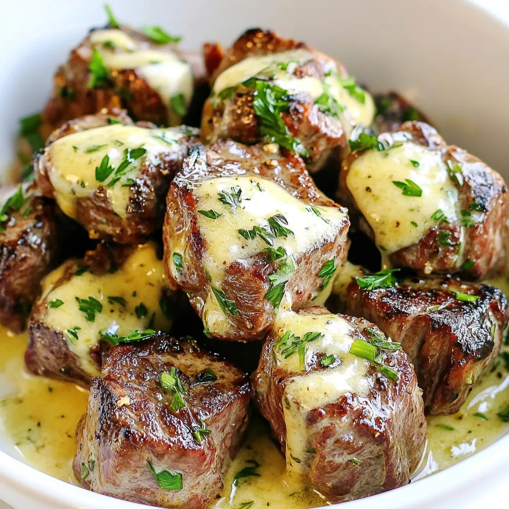 - 1 lb sirloin steak, cut into bite-sized cubes - 4 tablespoons unsalted butter - 4 cloves garlic, minced - 1 teaspoon fresh rosemary, chopped - 1 teaspoon fresh thyme, chopped - Salt and pepper, to taste - 1 cup heavy cream - 1 tablespoon Dijon mustard - 1 teaspoon Worcestershire sauce - Zest of 1 lemon - Fresh parsley, chopped - Lemon wedges - Additional seasoning When you gather your ingredients, focus on quality. Use fresh herbs for the best flavor. The sirloin steak should be tender and well-marbled. This cut gives a juicy bite. Unsalted butter lets you control the salt in your dish. Fresh garlic adds a robust taste. For the cream sauce, heavy cream makes it rich and smooth. Dijon mustard brings a nice tang. Worcestershire sauce adds depth. The lemon zest brightens the sauce and balances the flavors. Optional garnishes like fresh parsley and lemon wedges not only enhance the look but also the taste of your dish. These little details make your meal stand out. {{ingredient_image_1}} Start by cutting the sirloin steak into bite-sized cubes. This helps the meat cook evenly. Season the cubes with a good amount of salt and pepper. Don’t be shy! For cooking, aim for a medium-rare doneness, which takes about 2-3 minutes per side. This gives you a juicy and tender bite. Heat a large skillet over medium-high heat. Add 2 tablespoons of butter to the skillet. Once it melts, add the seasoned steak bites in one layer. Avoid crowding the pan. This helps the meat brown nicely. Cook for about 2-3 minutes on each side until you see a good brown crust. Remove the steak from the skillet and set it aside. In the same skillet, add the remaining 2 tablespoons of butter. Let it melt, then add the minced garlic, fresh rosemary, and thyme. Sauté this mixture for about 1-2 minutes. You want the garlic to smell great, but be careful not to let it burn. Burnt garlic can ruin the flavor. Next, reduce the heat to medium-low. Pour in 1 cup of heavy cream. Stir it well with the garlic butter mixture. Add 1 tablespoon of Dijon mustard, 1 teaspoon of Worcestershire sauce, and the zest of 1 lemon. Let it simmer for 3-5 minutes. This allows the sauce to thicken slightly and deepen in flavor. Now, return the steak bites to the skillet. Mix them well in the creamy sauce. Use a spatula to ensure each bite is coated evenly. Cook for an additional 1-2 minutes until everything is warm and well mixed. This final step helps the flavors blend beautifully. To make your garlic butter steak bites shine, use fresh herbs. Rosemary and thyme bring bold flavor. You can also try oregano or basil for a twist. - Use salt and pepper generously. They enhance the natural taste of the steak. - Remember, you can always add more salt later, but you can't take it out. Start light and adjust as needed. Achieving the perfect steak texture is key. Here are some tips: - Use high heat. This helps the steak get a nice sear quickly. - Avoid crowding the pan. Cook in batches if needed. This keeps the steak juicy and tender. To avoid overcooking, use a meat thermometer. Aim for about 130°F for medium-rare. Remember that the steak will keep cooking after you take it off the heat. For a rich, creamy sauce, follow these tips: - To thicken the sauce, let it simmer longer. Stir often to prevent sticking. - Keep the heat low when adding cream. This helps maintain a smooth texture. If you want it extra creamy, whisk in a bit of grated cheese. This adds flavor and richness. Pro Tips Rest the Steak: Allow the steak bites to rest for a few minutes after cooking. This helps retain the juices, ensuring each bite is tender and flavorful. Use a Meat Thermometer: To achieve your desired doneness, use a meat thermometer. Aim for 130°F for medium-rare, 140°F for medium, and 150°F for medium-well. Fresh Herbs Matter: For the best flavor, use fresh herbs rather than dried. They enhance the dish's aroma and taste significantly. Thicken the Sauce: If you prefer a thicker sauce, mix a teaspoon of cornstarch with water and stir it into the sauce while simmering until it reaches your desired consistency. {{image_2}} If you want to switch things up, you can use different cuts of steak. Ribeye or flank steak work well too. They offer great flavor and tenderness. For a lighter option, try using chicken or shrimp. If you need a dairy-free cream sauce, you can use coconut cream or cashew cream. These options keep the dish rich and creamy without dairy. They add a nice twist to the flavor too. To spice things up, add some chopped peppers. Jalapeños or red pepper flakes bring heat to the dish. This adds a fun kick that many will love. You can also toss in some colorful veggies like bell peppers or broccoli. They add nutrition and make the dish more vibrant. Pair your garlic butter steak bites with side dishes like mashed potatoes or rice. These sides soak up the creamy sauce perfectly. A fresh salad or steamed veggies also balance the meal well. For plating, serve the steak bites in a shallow bowl. Drizzle extra cream sauce on top for a beautiful look. A sprinkle of fresh parsley and lemon wedges on the side adds color and flavor. This presentation makes the dish look gourmet and inviting. Store leftover garlic butter steak bites in an airtight container. This helps keep them fresh. Make sure to let the steak cool before sealing it. For the best taste, eat leftovers within three days. You can also add a small layer of sauce on top to retain moisture. To reheat, use a skillet over low heat. This method helps the steak stay juicy. Avoid using high heat as it can dry out the meat. Add a splash of cream sauce while reheating to keep it moist. You can also cover the skillet with a lid to trap steam. To freeze the dish, place the steak bites and sauce in a freezer-safe bag. Remove as much air as possible. You can freeze them for up to three months. When ready to eat, thaw in the fridge overnight. Reheat gently to maintain flavor and texture. Freezing may change the steak's texture slightly, but the taste remains delightful. To check if your steak is cooked perfectly, use a meat thermometer. For medium-rare, aim for 130°F. For medium, look for 140°F. You can also check doneness using the finger test. Press the steak with your finger and compare the firmness to the base of your thumb. - Soft means rare - Slightly firm means medium - Firm means well-done Yes, you can prepare some parts in advance. Season the steak cubes and store them in the fridge up to a day ahead. You can also make the cream sauce and store it separately. - Store the sauce in an airtight container. - Reheat the sauce gently before adding the cooked steak. For a great presentation, serve the steak bites in a shallow bowl. Drizzle extra cream sauce on top. Garnish with fresh parsley and lemon wedges for color. - Pair with mashed potatoes or steamed veggies for balance. - Serve with crusty bread to soak up the sauce. In this blog post, we explored making garlic butter steak bites step by step. We discussed key ingredients like sirloin steak, fresh herbs, and a creamy sauce. I shared tips for cooking, seasoning, and achieving perfect texture. You also learned about variations, storage, and common questions. Cooking steak bites is simple and fun. With a few tricks, you can impress anyone with your dish. Enjoy creating this flavorful meal!
