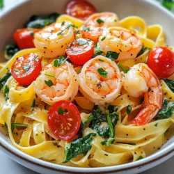 - 8 oz fettuccine or spaghetti - 1 lb large shrimp, peeled and deveined - 4 tablespoons unsalted butter - 4 cloves garlic, minced - 1 cup heavy cream - 1 cup grated Parmesan cheese - 1 cup cherry tomatoes, halved - 2 cups fresh spinach In this dish, shrimp are the star. When you pick shrimp, look for large, firm ones. They should smell fresh, not fishy. Next, pasta is key. Fettuccine or spaghetti works best. They hold the creamy sauce well. You also need a rich cream sauce. Heavy cream gives it that wonderful texture, while garlic adds flavor. Lastly, Parmesan cheese brings a salty kick that makes everything better. - 1 teaspoon Italian seasoning - Salt and pepper to taste Italian seasoning adds depth to the sauce. It often includes herbs like oregano and basil. Salt and pepper are essential too. They help balance the flavors in the dish. Taste as you go! Adjust these seasonings to your liking. - Fresh parsley, chopped Fresh parsley is a must for garnish. It adds color and a fresh taste. Just chop it finely, and sprinkle it on top before serving. This small step elevates your dish, making it look and taste gourmet. {{ingredient_image_1}} Start by boiling a large pot of salted water. This will help flavor the pasta. Once the water boils, add 8 oz of fettuccine or spaghetti. Cook it based on the package instructions until it is al dente. This usually takes about 8 to 10 minutes. Drain the pasta and set it aside for later. In a big skillet, melt 2 tablespoons of butter over medium heat. Add 1 lb of large shrimp that is peeled and deveined. Cook the shrimp for 2 to 3 minutes on each side. You will know they are done when they turn a beautiful pink and are opaque. Once cooked, remove the shrimp from the skillet and set them aside. Now, let’s make the garlic sauce. In the same skillet, add the remaining 2 tablespoons of butter. Once melted, add 4 minced garlic cloves and sauté for about 30 seconds. You want to smell the garlic but not burn it. Next, pour in 1 cup of heavy cream. Add 1 teaspoon of Italian seasoning and stir to mix. Bring this to a gentle simmer. Slowly whisk in 1 cup of grated Parmesan cheese until the sauce is nice and smooth. It’s time to add some color and flavor! Toss in 1 cup of halved cherry tomatoes and 2 cups of fresh spinach. Stir until the spinach wilts. Now, season the sauce with salt and pepper to taste. Finally, add the cooked pasta and shrimp to the sauce. Toss everything together until well coated. Warm it through for about 2 to 3 minutes. To serve, remove the dish from heat. Garnish with freshly chopped parsley for a pop of color. You can plate it nicely on a large dish or in individual bowls. This adds a nice touch for guests or family. Enjoy your creamy garlic shrimp pasta! To get the right consistency for your sauce, start with the right heat. After you add the heavy cream, keep the heat at medium. If it's too high, the sauce can separate. Stir slowly while adding the Parmesan cheese. This helps it melt evenly and makes the sauce smooth. If the sauce feels too thick, add a splash of pasta water to loosen it up. Cooking shrimp is quick and easy. They only need about 2-3 minutes on each side in the pan. You know they’re done when they turn pink and opaque. Overcooking can make them rubbery. If you see them curl tightly, you’ve cooked them too long. Remove them from the heat right when they are cooked through for the best texture. For perfect pasta, always boil salted water first. This adds flavor right from the start. Cook the fettuccine or spaghetti until it's al dente, which means it should still have a slight bite. This keeps the pasta firm. If you cook it too long, it can become mushy. Drain it well, but save some pasta water to adjust your sauce if needed. Pro Tips Use Fresh Shrimp: For the best flavor, use fresh shrimp instead of frozen. If using frozen, make sure to thaw completely before cooking. Don’t Overcook the Pasta: Cook your pasta al dente, as it will continue to cook in the sauce. This ensures a perfect texture. Adjust Creaminess: Feel free to adjust the amount of heavy cream and Parmesan cheese based on your preferred creaminess level. Add a Kick: If you like some heat, consider adding red pepper flakes to the garlic sauce for an extra kick of flavor. {{image_2}} If you want to switch things up, consider chicken or tofu. Chicken cooks well with the same garlic sauce. Just cut it into small pieces and sauté like the shrimp. Tofu is a great choice for a vegetarian option. Use firm tofu, press it to remove extra water, and then sauté until golden. For gluten-free eaters, use gluten-free pasta. Many brands offer tasty options made from rice or chickpeas. These can replace regular pasta without losing flavor. Just be sure to check the package for cooking times since they can differ. You can add more veggies to boost nutrition and flavor. Broccoli florets, bell peppers, or zucchini work great. Just sauté them with the garlic for a few minutes. They add color and taste while making the dish even better. To keep your creamy garlic shrimp pasta fresh, store it in an airtight container. Place it in the fridge within two hours of cooking. This helps keep the flavors and texture intact. The dish will stay fresh for up to three days. When you’re ready to eat, check for any signs of spoilage before reheating. To reheat your pasta, use the stovetop or microwave. If using the stovetop, add a splash of cream or water to the pan. This keeps the sauce creamy and prevents it from drying out. Heat over low to medium heat. Stir gently until it warms through. If using a microwave, heat in short bursts, stirring in between. This helps the dish heat evenly. You can freeze your creamy garlic shrimp pasta, but the texture may change a bit. To freeze, let the dish cool completely. Then, place it in a freezer-safe container. Seal it tightly and label it. It can freeze for up to three months. To thaw, move it to the fridge overnight. Reheat as mentioned above to enjoy it again. To make creamy garlic shrimp pasta lighter, consider these options: - Use whole wheat or zucchini noodles instead of regular pasta. - Substitute heavy cream with half-and-half or a dairy-free cream. - Reduce the amount of butter and cheese used. - Add more vegetables like broccoli or bell peppers for bulk and flavor. These changes keep the dish tasty while cutting calories. Yes, you can use dried herbs, but the flavor will differ. Dried herbs are less potent than fresh ones. Use about one-third the amount of dried herbs. For instance, if the recipe asks for one teaspoon of fresh Italian seasoning, use about one-third of a teaspoon of dried. The dish may lack some freshness, but it will still be good. To thaw frozen shrimp safely, you have a few options: - Refrigerator method: Place shrimp in the fridge overnight for slow thawing. This is the safest way. - Cold water method: Seal shrimp in a bag and submerge it in cold water for about 30 minutes. Change the water every 10 minutes. - Microwave method: Use the defrost setting on your microwave. This method is quick but may start cooking the shrimp, so be careful. These methods ensure you have perfectly thawed shrimp for your pasta dish. This blog post covered the main ingredients and steps needed to make a creamy shrimp pasta. We discussed cooking the pasta, sautéing the shrimp, and perfecting the sauce. I shared tips on achieving the right texture and offered variations, such as protein swaps and veggie add-ins. In closing, remember, cooking should be fun and creative. Don’t be afraid to experiment and make this dish your own. Enjoy every bite!