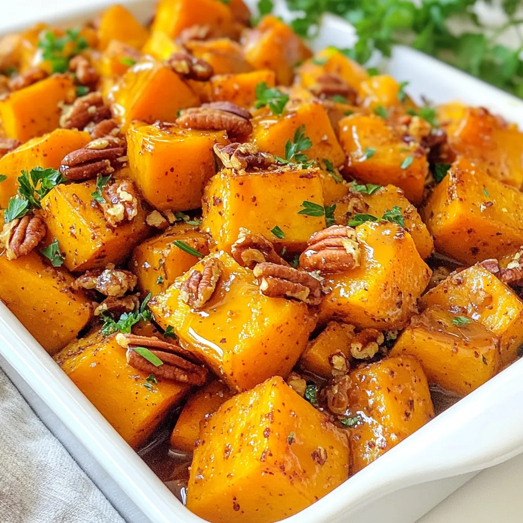 - 4 medium sweet potatoes, peeled and cut into 1-inch cubes - 1/4 cup pure maple syrup - 2 tablespoons olive oil - 1 teaspoon cinnamon - 1/2 teaspoon nutmeg - Salt and pepper to taste - 1/4 cup pecans, roughly chopped - Fresh parsley, chopped for garnish You can swap maple syrup for honey or agave syrup if needed. For nuts, try walnuts or almonds instead of pecans. If you want to use oil, avocado oil works well. Each serving has about 200 calories. It offers 3 grams of protein, 8 grams of fat, and 36 grams of carbs. Sweet potatoes are high in fiber and packed with vitamins A and C. They also help support eye health and boost your immune system. {{ingredient_image_1}} 1. Prepping sweet potatoes Start by peeling the sweet potatoes. Then cut them into 1-inch cubes. This size helps them cook evenly. Make sure to use a sharp knife for safety. 2. Coating mixture preparation In a large bowl, combine the sweet potato cubes with olive oil and pure maple syrup. Add cinnamon, nutmeg, salt, and pepper. Mix well until every piece is coated. This mixture gives the sweet potatoes a sweet and warm flavor. 1. Key roasting tips Preheat your oven to 400°F (200°C). Line a baking sheet with parchment paper to prevent sticking. Spread the sweet potatoes in a single layer. This ensures they roast well without steaming. 2. Importance of stirring halfway Roast the sweet potatoes for 25-30 minutes. Make sure to stir them halfway through cooking. This helps them caramelize on all sides and adds to their flavor. Keep an eye on them to avoid burning. 1. Best ways to present the dish Once cooked, let the sweet potatoes cool for a few minutes. Garnish with chopped fresh parsley for a pop of color. Serve them warm on a nice platter to impress your guests. 2. Complementary sides and mains Maple roasted sweet potatoes pair well with grilled chicken or fish. You can also serve them alongside a fresh salad. They make a great side for any meal, adding warmth and color to your plate. To get the best caramelization, use pure maple syrup. Its high sugar content helps the sweet potatoes brown nicely. A higher oven temperature also aids this process. Set your oven to 400°F (200°C). This temperature ensures the sweet potatoes cook well and get that golden edge. Want to add more flavor? Try adding minced garlic or fresh herbs like thyme or rosemary. They bring a fresh taste that complements sweet potatoes. You can also mix in spices like cumin or paprika for a kick. These additions make the dish unique and fun! If your sweet potatoes are larger or smaller, adjust the cooking time. Larger pieces may need a few extra minutes. Smaller cubes will cook faster, so check them after 20 minutes. Remember that every oven can cook a bit differently, so watch closely. Pro Tips Choose the Right Sweet Potatoes: Look for firm sweet potatoes with smooth skin and no blemishes for the best flavor and texture. Maple Syrup Quality Matters: Use pure maple syrup for a richer taste; avoid imitation syrups for better flavor in your dish. Adjust Sweetness: Feel free to adjust the amount of maple syrup based on your sweetness preference or the natural sweetness of the sweet potatoes. Experiment with Spices: Try adding a pinch of ginger or allspice for an extra layer of flavor that complements the sweetness of the potatoes. {{image_2}} You can make this recipe vegan and gluten-free easily. Use pure maple syrup as your sweetener. Sweet potatoes are naturally gluten-free, so they fit right in. For a plant-based twist, skip the pecans or use sunflower seeds instead. This option keeps the dish crunchy and nut-free, perfect for those with allergies. Want to add some savory flavor? Try adding crispy bacon or prosciutto. The saltiness from the meat pairs well with the sweet potatoes. You can also mix in different herbs like rosemary or thyme. These herbs bring a new depth to the dish. Spice lovers can add paprika or cayenne for extra heat. You can mix in seasonal vegetables for a fresh twist. Carrots or Brussels sprouts work great with sweet potatoes. Want a fun holiday touch? Add mini marshmallows on top before roasting. They create a sweet, gooey layer that kids love. This variation brings a festive vibe to your meal. To keep your maple roasted sweet potatoes fresh, use airtight containers. Glass or plastic containers work well. Make sure to let the sweet potatoes cool before sealing them. Store them in the fridge. They stay fresh for about three to five days. When reheating, aim to keep the texture nice. The oven is best for this. Preheat it to 350°F (175°C). Spread the sweet potatoes on a baking sheet. Heat for about 10-15 minutes. If you use a microwave, cover them with a damp paper towel. This keeps moisture in but may not keep them as crispy. If you want to freeze your sweet potatoes, let them cool completely first. Place them in freezer-safe bags. Remove as much air as possible. They will freeze well for up to three months. To thaw, move them to the fridge overnight. Reheat in the oven or microwave, following the tips above to keep the texture. You can tell sweet potatoes are ready by looking for a golden-brown color. They should be tender and caramelized on the edges. To test for tenderness, use a fork or knife. If it easily pierces the sweet potato, it’s done. If not, let them roast a bit longer. Yes, you can prep the sweet potatoes in advance. Cut and coat them with olive oil and spices. Store them in the fridge for up to 24 hours. When you are ready to cook, just spread them on a baking sheet and roast. To reheat, cook in the oven at 350°F (175°C) for about 10 minutes. If you don’t have maple syrup, you can use honey or agave syrup. Brown sugar also works well, but use less since it is sweeter. Adjust the olive oil to keep the balance right. These options still give a nice sweetness and flavor to your dish. In this post, we covered key ingredients for a delicious sweet potato dish, including substitutions and health benefits. I shared step-by-step instructions for preparation, roasting, and serving. You learned tips for perfect caramelization and flavor enhancements along with variations for dietary needs. Finally, I offered storage and reheating tips. Use these insights to create a tasty and healthy meal. Enjoy the journey of cooking and make the most of your sweet potatoes!