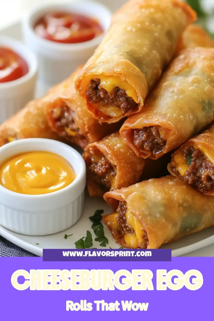 Savor the deliciousness of homemade Cheeseburger Egg Rolls! This ground beef egg roll recipe combines savory beef, cheddar cheese, and pickles into crispy fried cheeseburger bites, making them perfect for any gathering. These easy appetizer recipes are a crowd-pleaser and a fun twist on classic flavors. Try making these delectable fried cheeseburger bites today! Save this recipe for later! #CheeseburgerEggRolls #EasyAppetizerRecipes #HomemadeEggRolls #FriedCheeseburgerBites