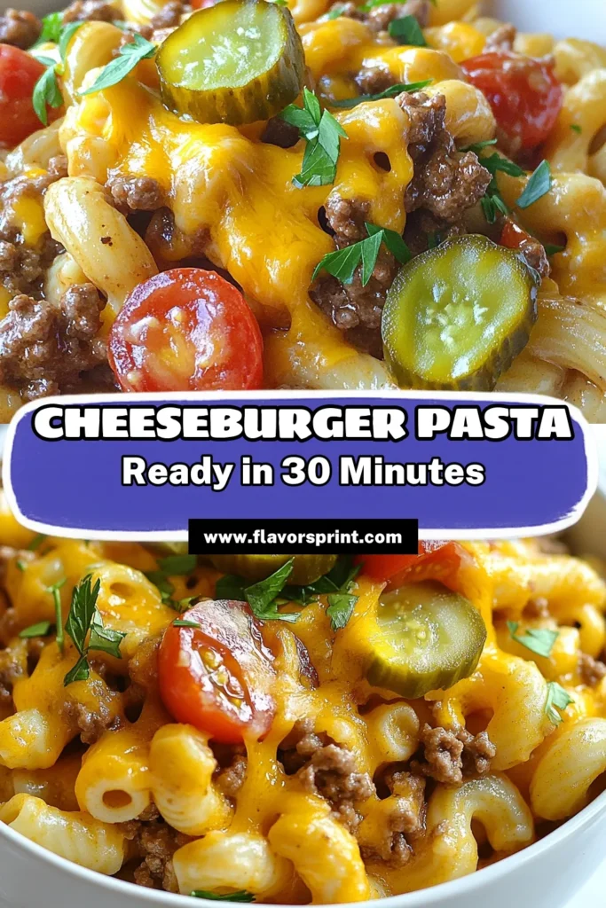 Indulge in this amazing Loaded Cheeseburger Pasta, a comforting dish that combines the flavors of your favorite cheeseburger in a quick and cheesy pasta recipe. Perfect for busy weeknights, this ground beef pasta dish is a family favorite and will have everyone asking for seconds. Give it a try tonight! Save this recipe for a delicious dinner idea. #LoadedCheeseburgerPasta #CheesyPastaRecipes #ComfortFoodPasta #QuickDinnerRecipes