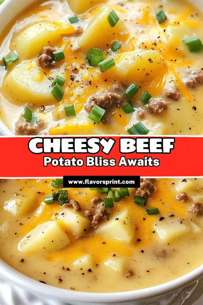 Warm up with this delicious Cheesy Beef Potato Soup that's perfect for cozy nights! Made from ground beef and tender potatoes, this comforting soup is an easy cheesy soup recipe that your family will love. Perfect as a hearty meal, it features creamy textures and rich flavors, making it the ideal comfort food soup recipe. Try this creamy potato soup recipe tonight and enjoy! Save this post for later! #CheesyBeefPotatoSoup #ComfortFood #EasySoup #PotatoSoupRecipe