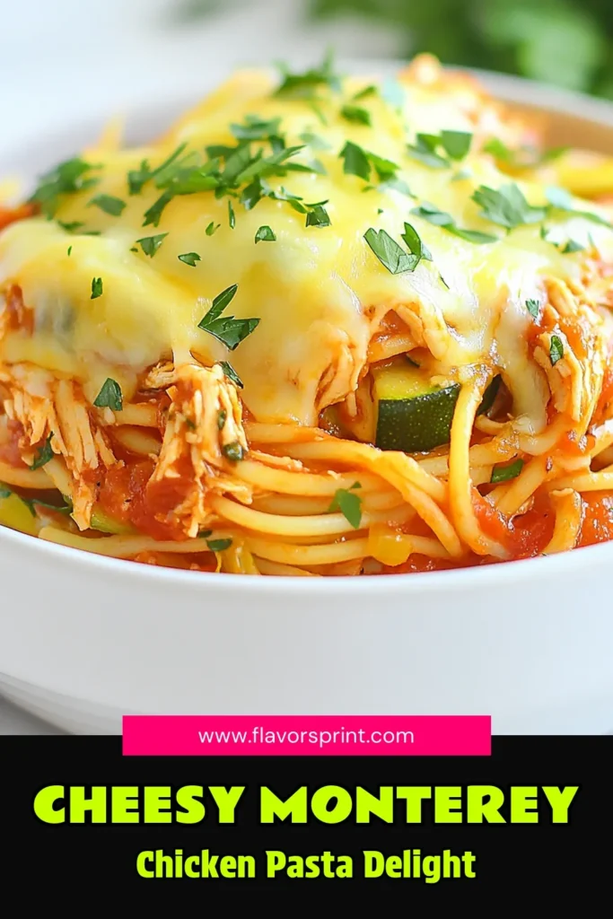 Discover the delightful Monterey Chicken Spaghetti, an easy spaghetti dinner that combines the flavors of cheesy chicken pasta with fresh veggies! This chicken spaghetti recipe is perfect for busy weeknights, featuring tender zucchini and bell pepper. Whip up this one-pan dish in just 30 minutes. Click to save and start cooking this delicious Monterey chicken spaghetti tonight! #ChickenSpaghetti #EasySpaghettiDinner #CheesyChickenPasta #ZucchiniBellPepperPasta