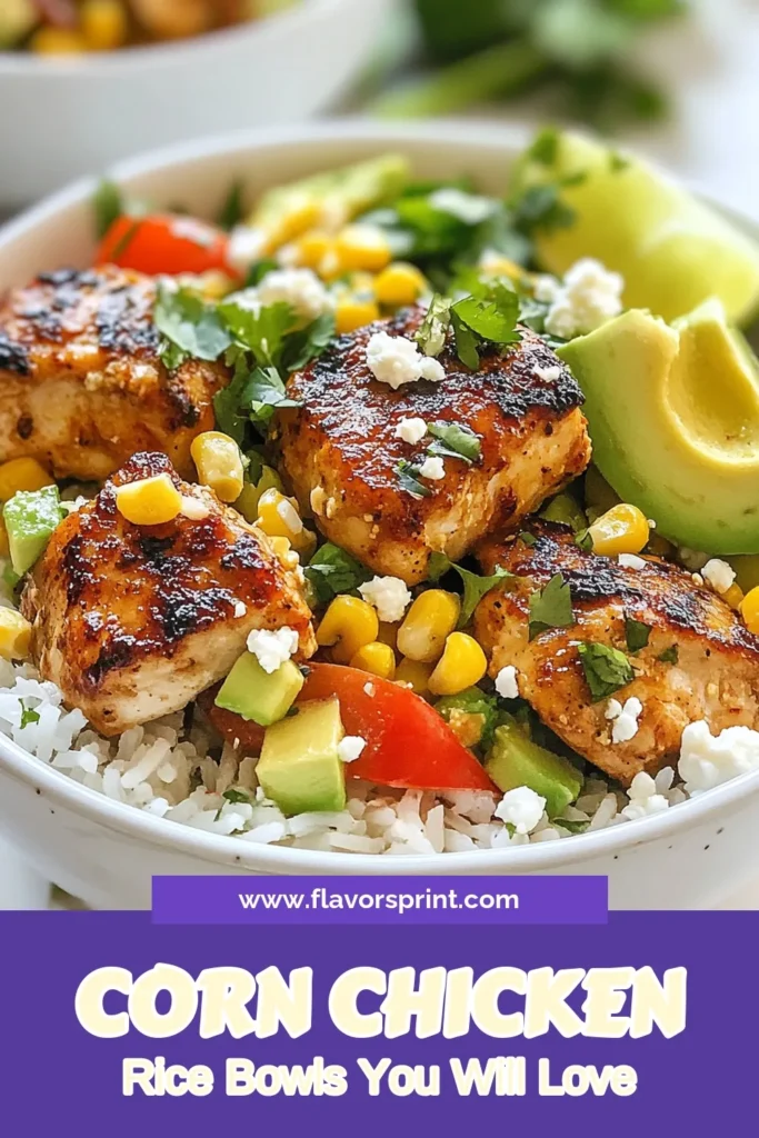 Discover the deliciousness of Street Corn Chicken Bowls! This easy chicken rice bowl recipe combines marinated chicken, charred corn, and fresh veggies for a healthy chicken rice bowl that your family will love. With steps for a quick prep, this easy corn chicken recipe is perfect for any night. Enjoy the refreshing flavors of cilantro lime chicken rice topped with avocado and feta. Save this recipe for your next meal! #StreetCornChickenBowls #EasyCornChickenRecipe #HealthyChickenRiceBowls #ChickenRiceBowlRecipe