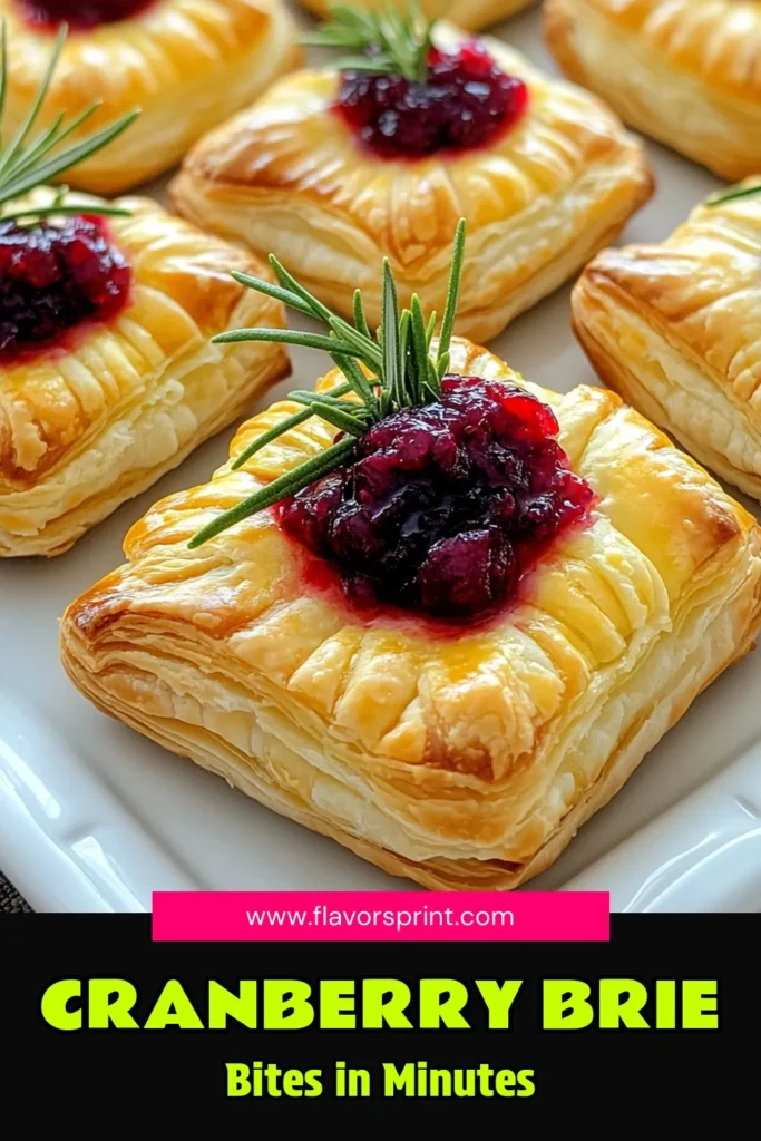 Indulge in the deliciousness of Cranberry Brie Puff Pastry Bites! These easy-to-make treats feature creamy brie and tangy cranberry sauce wrapped in flaky puff pastry—a perfect appetizer for any occasion. Ready in just 35 minutes, they’re sure to impress your guests and elevate your gatherings. Click through for the full recipe and tips! #CranberryBrie #PuffPastry #HolidayAppetizers #YummyRecipes