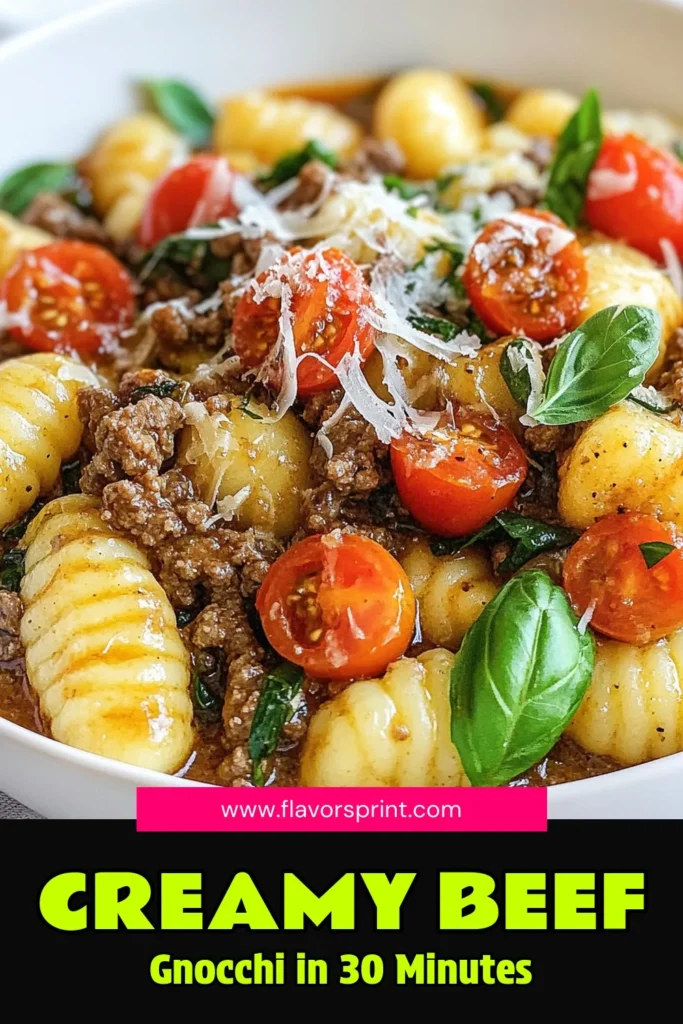 Savor this creamy beef gnocchi recipe that combines ground beef and delicious gnocchi into a one-pot gnocchi dish you'll love! This easy gnocchi with beef features a rich sauce, fresh spinach, and juicy cherry tomatoes. Perfect for a quick creamy gnocchi dinner that satisfies the whole family. Try this quick and flavorful meal today and save this recipe for later! #CreamyBeefGnocchi #OnePotGnocchi #EasyGnocchiDinner #GroundBeefGnocchi