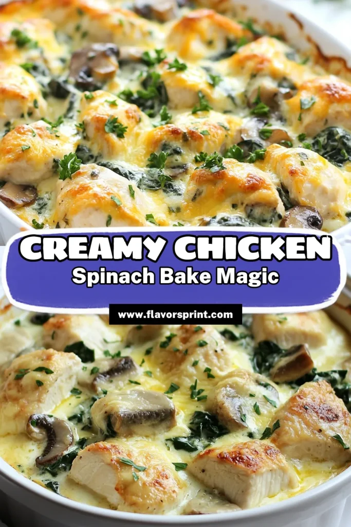 Discover a delicious low carb chicken recipe with this creamy chicken spinach bake that’s perfect for an easy low carb dinner! This mushroom chicken casserole features tender chicken, fresh spinach, and a rich, cheesy sauce that everyone will love. Whip up this healthy chicken bake recipe in just 35 minutes for a satisfying meal that fits your low-carb lifestyle. Save this recipe for your next dinner! #LowCarbRecipes #HealthyEating #DinnerIdeas #ChickenRecipes