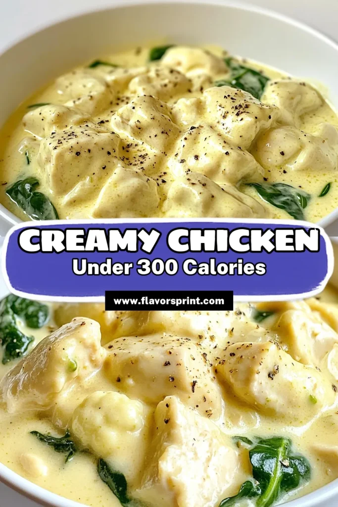 Discover this healthy creamy chicken recipe that’s both delicious and low calorie! This Greek yogurt chicken dish combines tender chicken, cauliflower, and spinach for a nutritious twist. Enjoy this easy cauliflower chicken stew as a perfect low calorie chicken meal for dinner. Ready in just 30 minutes, it's a family favorite! Don’t forget to save this recipe for your next meal! #HealthyEating #LowCalorieRecipes #ChickenDinner #MealPrep
