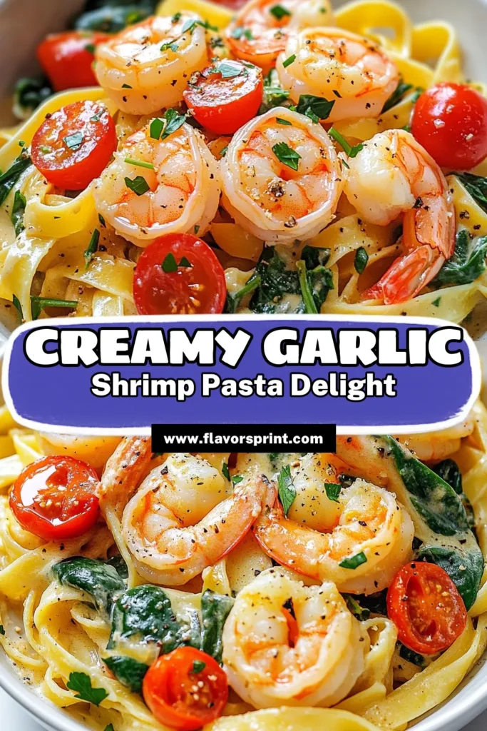 Indulge in a deliciously satisfying creamy garlic shrimp pasta! This easy pasta with shrimp is perfect for busy weeknights or impressing guests. Our shrimp pasta recipe combines fettuccine with garlic sauce, fresh spinach, and juicy tomatoes for an authentic Italian shrimp dish. Ready in just 30 minutes, it's time to elevate your dinner game. Save this recipe and enjoy a taste of Italy tonight! #CreamyGarlicShrimpPasta #ShrimpPastaRecipe #FettuccineWithGarlicSauce #ItalianShrimpDish