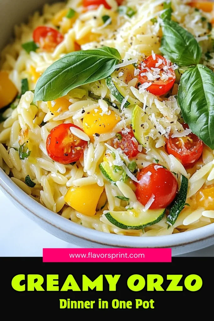 Looking for a quick and delicious meal? Try this creamy orzo dinner! This one-pot orzo recipe combines tender orzo pasta, fresh vegetables, and a rich creamy sauce for an easy orzo pasta dish that comes together in just 30 minutes. Perfect for busy weeknights, this vegetable orzo recipe is a family favorite. Save this for your next meal idea and enjoy a comforting, quick creamy pasta meal tonight! #OnePotMeal #OrzoRecipes #EasyPasta #QuickDinner