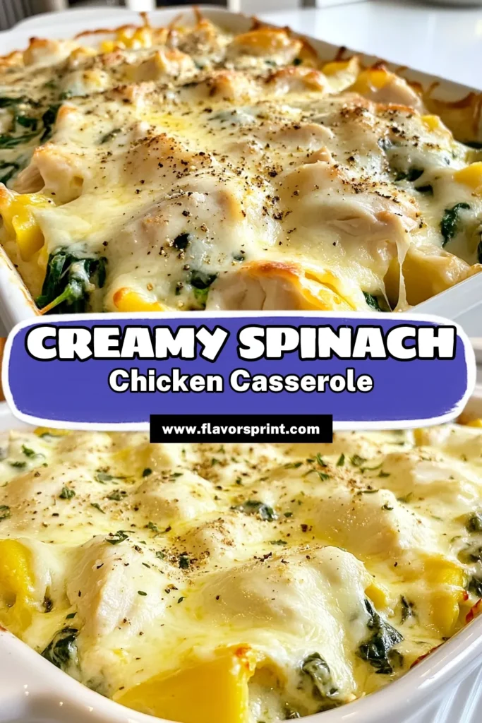 Discover the deliciousness of this Creamy Chicken Spinach Casserole, an easy-to-make Spinach Chicken Recipe perfect for family dinners. This Chicken Spinach Bake combines tender chicken, creamy ricotta cheese, and flavorful mozzarella in a mouthwatering dish. Ideal for busy nights, it's sure to impress! Save this Ricotta Cheese Casserole recipe for a comforting meal everyone will love. Try it today! #CreamyChickenCasserole #SpinachChickenRecipe #ChickenSpinachBake #RicottaCheeseCasserole