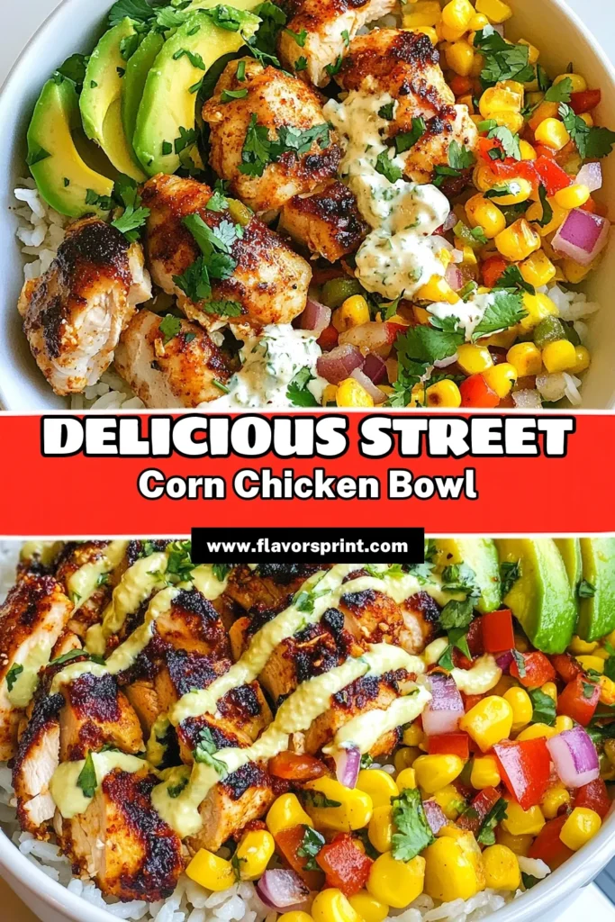 Discover the deliciousness of a Street Corn Chicken Rice Bowl! This easy chicken rice bowl recipe combines tender chicken thighs, sweet corn, fresh veggies, and creamy avocado, making it a perfect quick dinner recipe. Embrace the flavors of a classic Mexican street corn recipe in an easy-to-prepare bowl you’ll love! Try this tasty avocado chicken rice bowl tonight and enjoy a meal that's packed with flavor. Save for later! #StreetCornChickenRiceBowl #QuickDinnerRecipes #EasyChickenRiceBowl #MexicanStreetCornRecipe