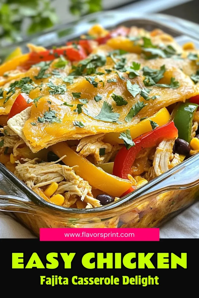 Discover the ultimate Chicken Fajita Casserole that will elevate your dinner game! This easy chicken casserole recipe combines shredded chicken, fresh veggies, and spices for a delicious Mexican chicken casserole your family will love. Perfect for weeknight meals, this chicken tortilla bake is a crowd-pleaser and a must-try baked fajitas recipe. Save this recipe today and bring the flavors of Mexico home! #ChickenFajitaCasserole #EasyCasseroleRecipe #MexicanChickenCasserole #BakedFajitasRecipe