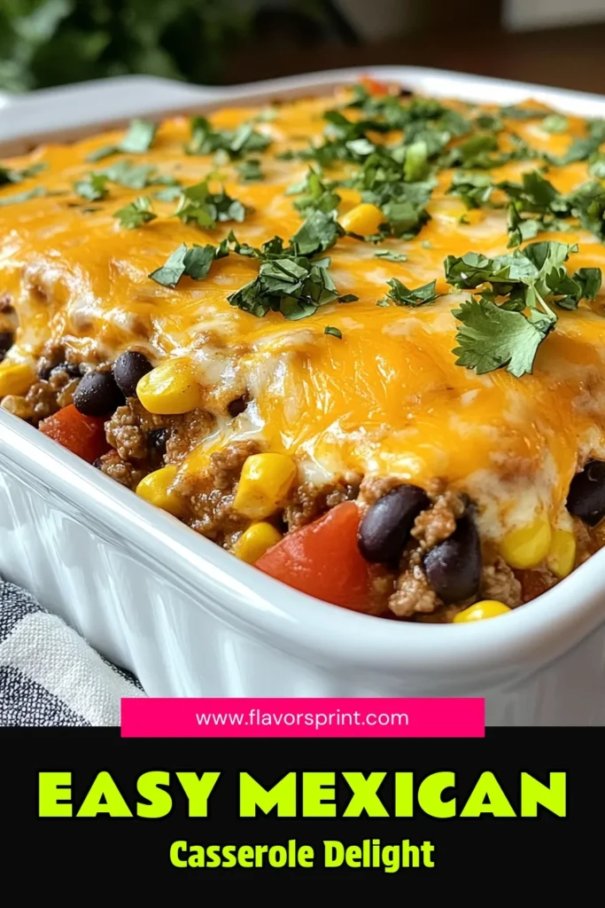 Indulge in this delicious Mexican Fiesta Casserole, the perfect Mexican casserole recipe for busy weeknights! Made with ground beef and loaded with black beans, corn, and cheese, this taco seasoning casserole is a crowd-pleaser. Easy to prepare and bake, it’s a savory fiesta that your family will love. Try this fiesta casserole recipe and make mealtime fun! Save for later! #MexicanCasserole #GroundBeefCasserole #TacoSeasoning #BlackBeanCasserole