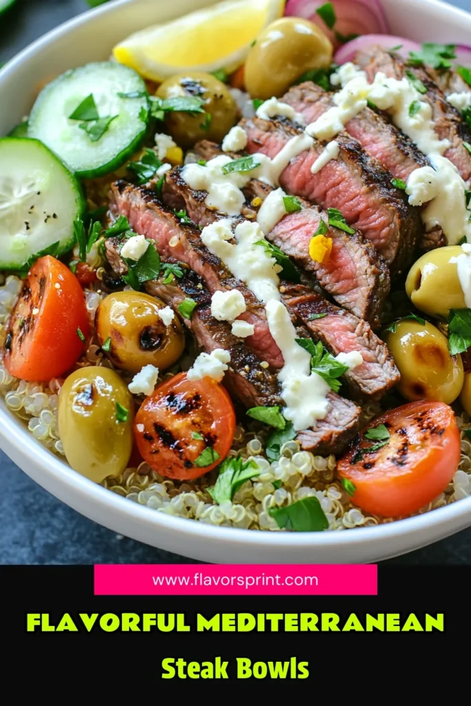 Savor the deliciousness of these Mediterranean Steak Power Bowls! This quinoa power bowl recipe features tender flank steak, fresh veggies, and a creamy tahini dressing bowl that will have you craving healthy Mediterranean recipes. Perfect for meal prep or a quick dinner, this flank steak salad is not only nutritious but also visually stunning. Try it today and elevate your mealtime! #MediterraneanSteakBowl #HealthyRecipes #TahiniDressing #QuinoaPowerBowl