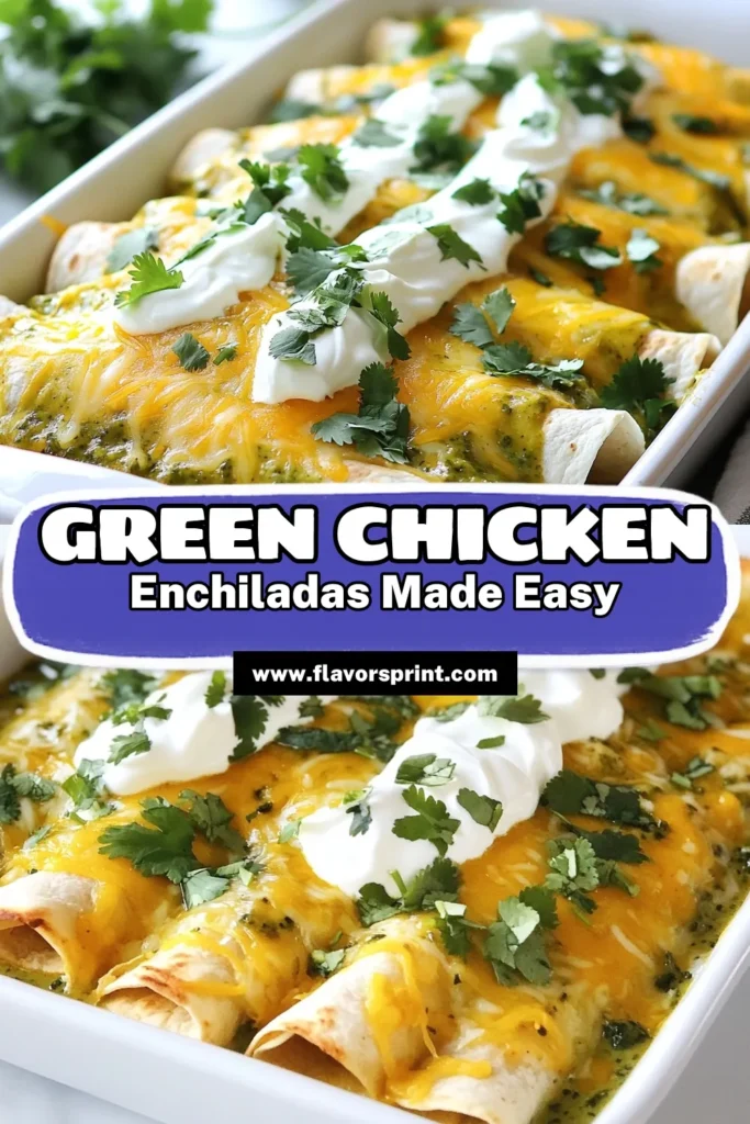 Discover a delicious and healthy enchilada recipe with these Green Chicken Enchiladas! Packed with shredded chicken, fresh spinach, and topped with Monterey Jack cheese and sour cream, these easy enchiladas will become your go-to for weeknight dinners. Perfectly baked and bursting with flavor, this dish is not only satisfying but also nutritious. Save this recipe and try it today! #GreenChickenEnchiladas #HealthyEnchiladaRecipe #SpinachChickenEnchiladas #EasyEnchiladasWithSourCream