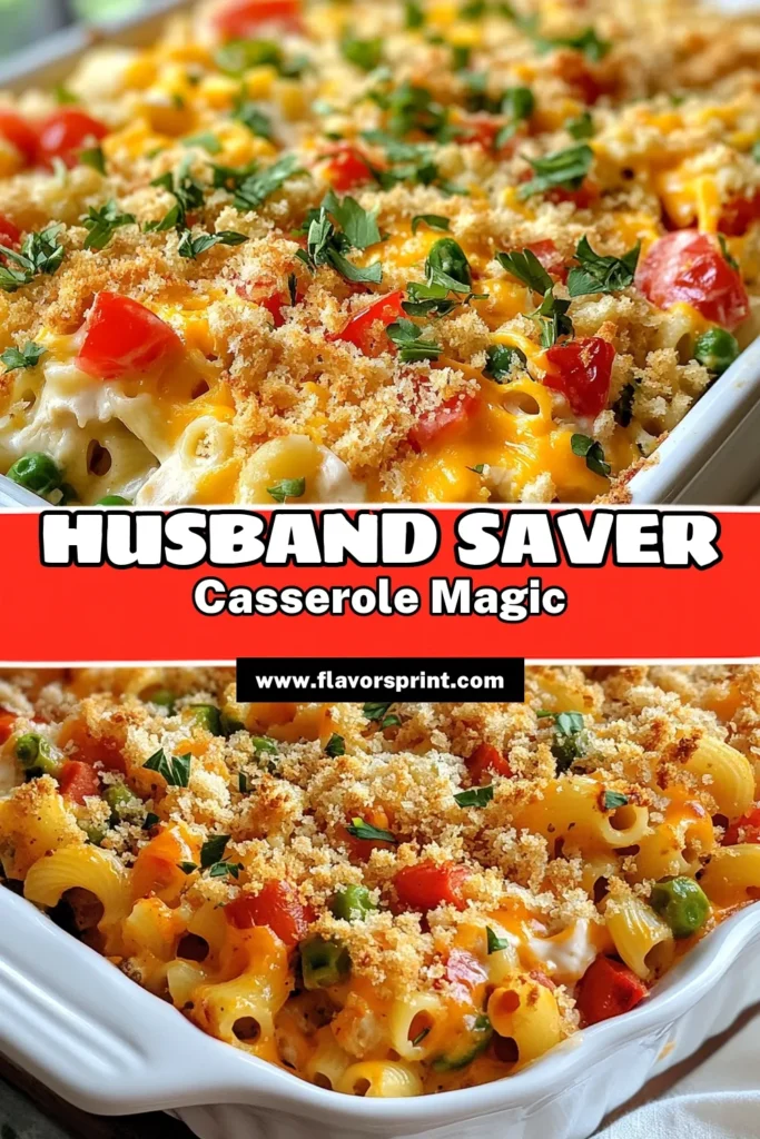 Try this delicious Husband Saver Casserole, the perfect easy chicken pasta casserole for busy weeknights! Featuring cheesy macaroni chicken bake goodness and packed with vegetables, this comfort food casserole recipe is sure to please everyone at the table. Whip up this baked macaroni with vegetables in just 45 minutes and enjoy a delightful meal your family will love. Save this recipe for your next dinner! #CasseroleRecipes #ComfortFood #EasyDinner #ChickenBake