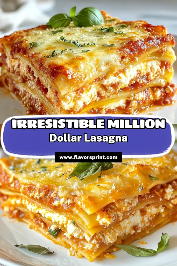 Discover the delicious Million Dollar Lasagna recipe that will become a family favorite! This easy homemade lasagna features layers of creamy ricotta cheese, savory ground meat, and classic Italian flavors. Whether you’re craving a comforting baked lasagna with meat or a vegetarian twist, this dish is perfect for any occasion. Try this Million Dollar Lasagna recipe today and impress your guests! Save for later! #LasagnaWithRicottaCheese #EasyHomemadeLasagna #ClassicItalianLasagna #BakedLasagnaWithMeat