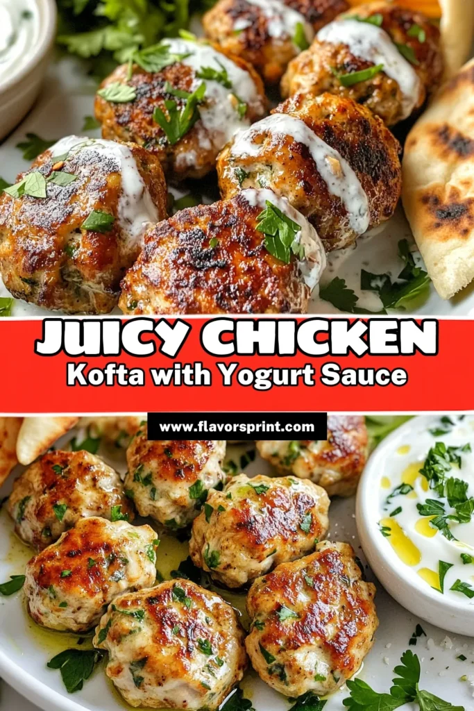 Discover the deliciousness of savory chicken kofta with this easy garlic yogurt sauce recipe! Perfectly seasoned ground chicken recipes come together to create grilled kofta skewers that are juicy, flavorful, and a hit for any Mediterranean chicken dish lover. Elevate your dinners and impress your guests with this simple yet enticing recipe. Try it today and save for later! #ChickenKofta #GarlicYogurtSauce #GroundChickenRecipes #MediterraneanDishes