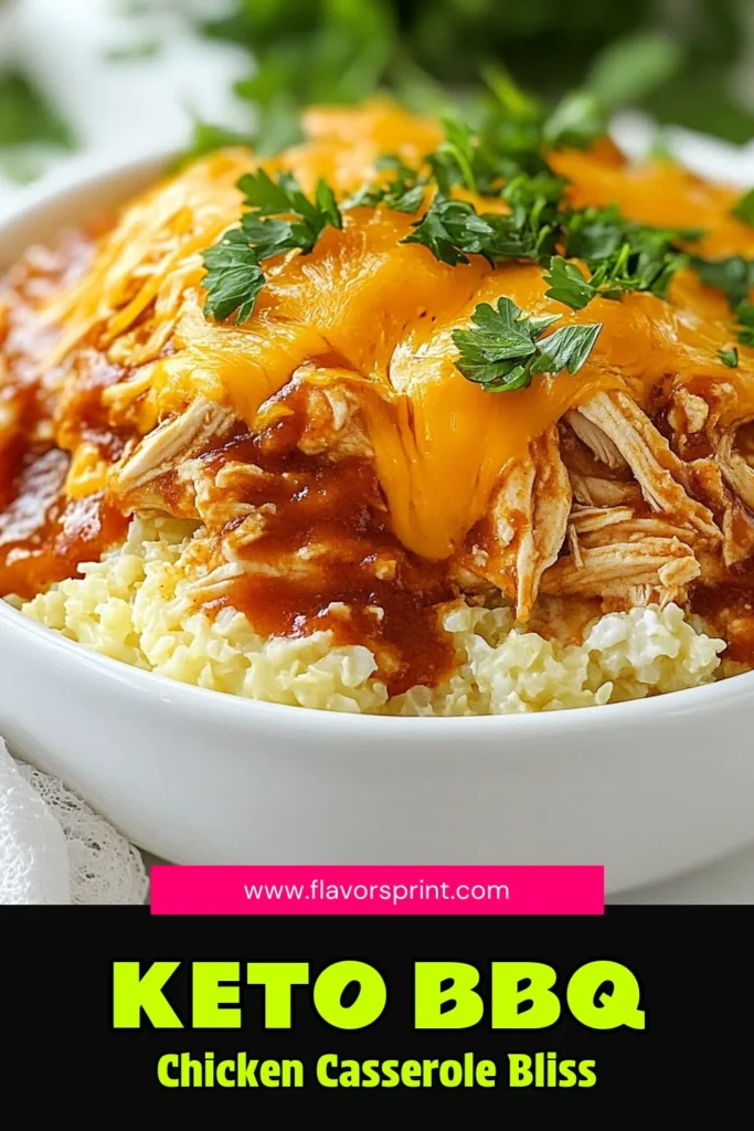 Indulge in this easy and delicious Keto BBQ Chicken Casserole, perfect for a low carb diet. Packed with shredded chicken, flavored with a homemade sugar-free BBQ sauce recipe, and layered with cauliflower rice, this cheesy BBQ chicken casserole will satisfy your cravings. Ready in just 45 minutes, it’s a family-friendly meal you can enjoy guilt-free. Save this recipe now for your next dinner! #KetoRecipes #LowCarb #HealthyEating #CasseroleRecipe