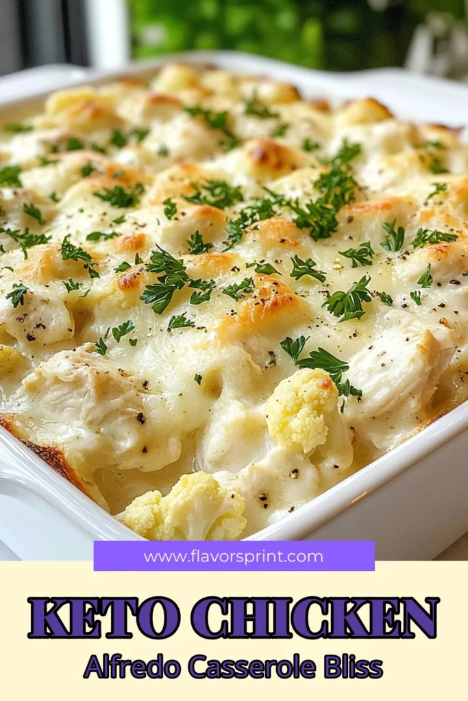Indulge in this Keto Chicken Alfredo Casserole that's perfect for a low carb diet! This creamy chicken Alfredo recipe features tender cauliflower and juicy shredded chicken, making it a delicious and easy keto casserole recipe. Ideal for meal prep or family dinners, this low carb chicken Alfredo will satisfy your cravings while keeping you on track. Try it now and save this recipe for later! #KetoCasserole #LowCarbRecipes #KetoDinner #HealthyEating