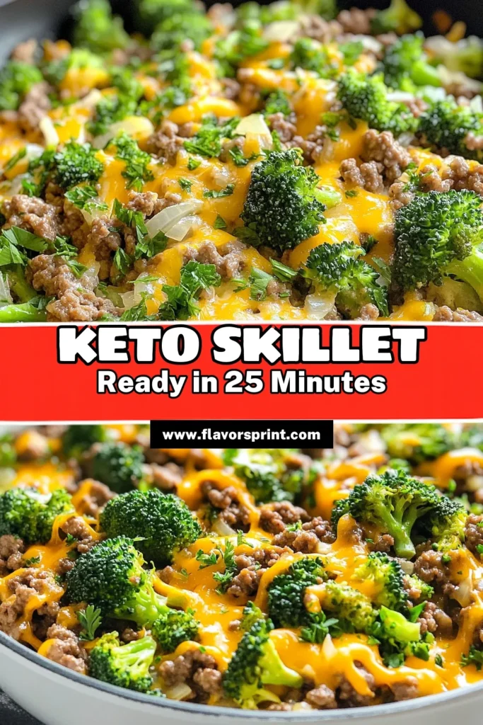 Looking for a delicious and quick low-carb dinner recipe? Try this Keto Hamburger Broccoli Skillet! Combining cheesy ground beef and fresh broccoli, this tasty recipe is perfect for your weeknight meals. In just 25 minutes, you can whip up a satisfying meal that's both healthy and flavorful. Don't miss out on this Keto hamburger skillet—save this recipe and enjoy quick keto meals any night of the week! #KetoRecipes #LowCarb #DinnerIdeas #HealthyEating