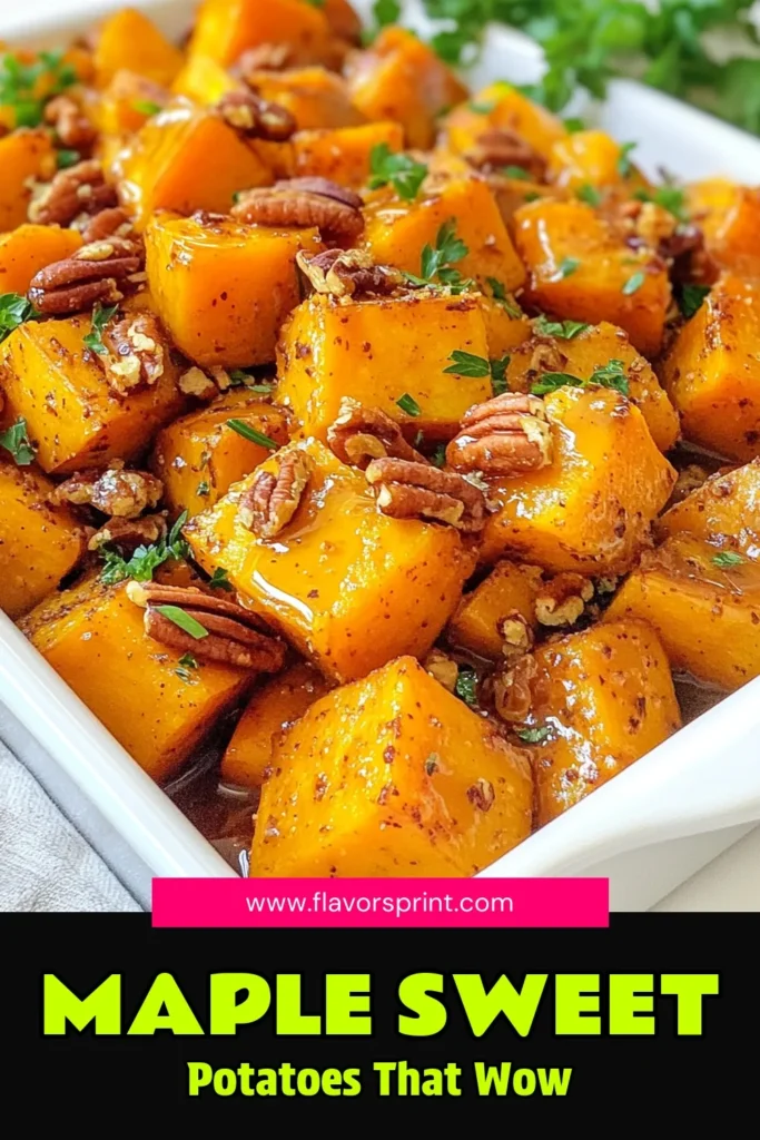 Indulge in the delightful flavors of maple roasted sweet potatoes, your new favorite easy sweet potato side dish! This recipe combines sweet potatoes with pure maple syrup, cinnamon, and nutmeg for a delicious caramelized treat. Perfect for any meal, these sweet potato recipes will impress your guests. Try this simple yet tasty dish today and elevate your dinner game! Save this recipe for later! #SweetPotatoRecipes #EasySideDish #MapleSyrupDessert #CaramelizedSweetPotatoes