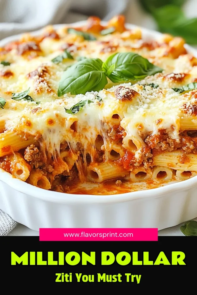 Indulge in the ultimate comfort food with this Million Dollar Baked Ziti! This creamy baked ziti recipe features rich layers of pasta, flavorful marinara, and a delicious mix of ricotta and mozzarella cheeses. It's an easy pasta bake that your family will love. Perfect for gatherings or a cozy dinner at home. Try it today and taste the magic! Save this delicious recipe for later! #BakedZiti #PastaRecipes #ItalianComfortFood #EasyDinnerIdeas
