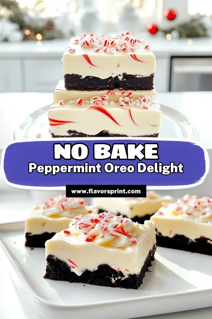 Indulge in the festive delight of No Bake Peppermint Oreo Bars that are perfect for your holiday gatherings! With a crunchy Oreo crust topped with a creamy peppermint layer and drizzled in white chocolate, these bars are simple to make and irresistibly delicious. Get ready to impress your friends and family this season. Click through for the full recipe and treat yourself to a sweet holiday classic! #NoBakeDesserts #PeppermintOreoBars #HolidayRecipes #SweetTreats