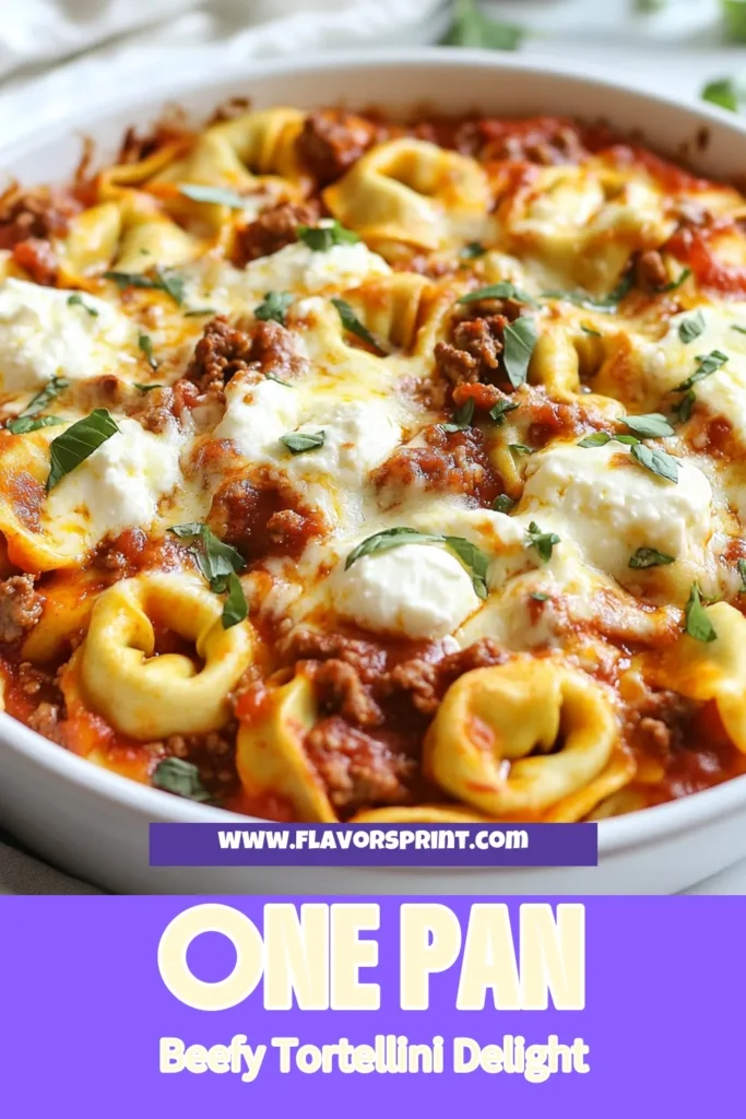 Savor the deliciousness of this One-Pan Beefy Tortellini Bake, an easy Italian dinner recipe perfect for busy nights! Packed with cheese tortellini, flavorful ground beef, and creamy ricotta, it's sure to impress. This ground beef pasta bake is not just simple but also a crowd-pleaser. Try this hearty, baked tortellini with cheese tonight! Save this recipe to bring comfort to your table! #OnePanRecipes #EasyDinner #ItalianRecipes #TortelliniBake