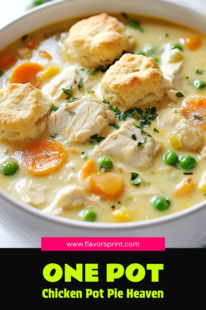 Warm up with this One Pot Chicken Pot Pie Soup, the ultimate comfort food soup! This delicious twist on traditional chicken soup recipes is perfect for an easy chicken dinner. Made in just one pot, it combines tender chicken, vibrant veggies, and fluffy biscuits for a filling meal. Ready in 35 minutes, it's a quick one pot meal your family will love. Save this recipe for a cozy night in! #OnePotMeals #ChickenSoupRecipes #EasyDinner #ComfortFood