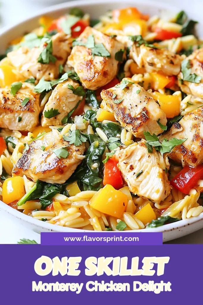 Looking for a delicious and easy chicken dinner recipe? Try this Monterey chicken orzo recipe! This one-pan chicken orzo skillet combines tender chicken, creamy Monterey Jack cheese pasta, and fresh veggies for a quick weeknight meal. Ready in just 30 minutes, it's perfect for busy nights. Get the full recipe and bring vibrant flavors to your dinner table tonight! #MontereyChickenOrzo #ChickenDinner #OrzoRecipe #QuickMeals
