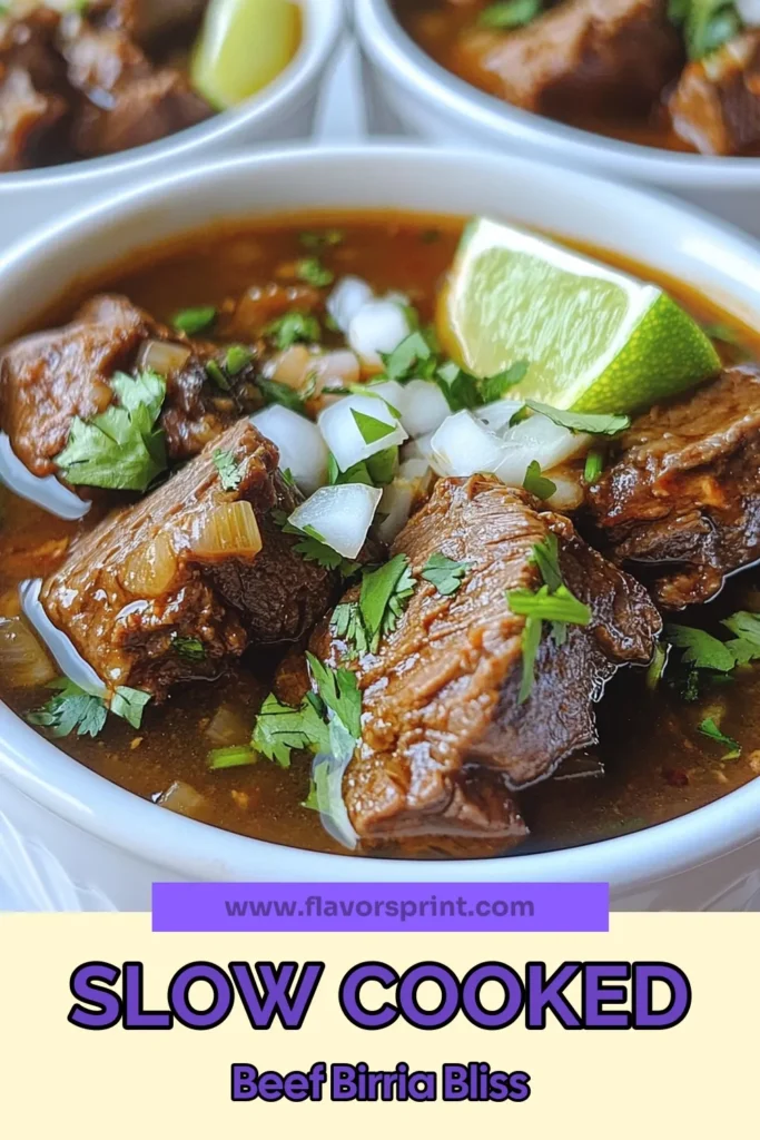 Discover the rich flavors of this slow-cooked beef birria recipe that's perfect for cozy gatherings. Made with tender beef chuck roast and a spicy adobo sauce for beef, you’ll want to savor every bite. These homemade birria tacos are ideal for any taco night. Learn how to create unforgettable flavors that’ll have everyone asking for seconds. Save this recipe and elevate your dinner game! #BeefBirria #SlowCookedBeef #BirriaTacos #ComfortFood