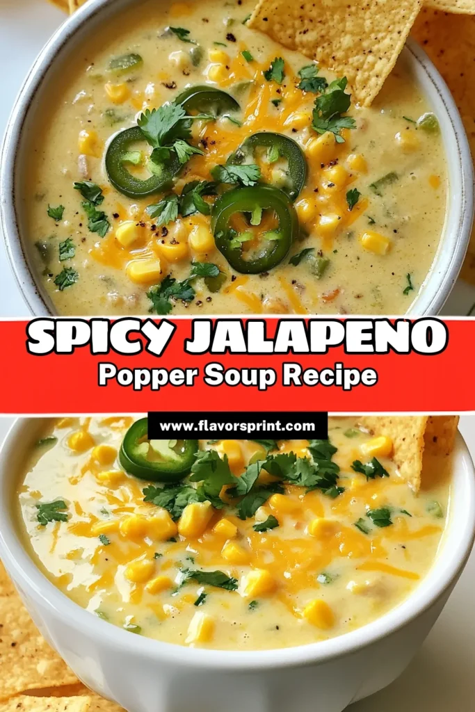 Warm up with this delicious spicy jalapeño popper soup that's rich, creamy, and loaded with flavor! This creamy jalapeño soup recipe combines jalapeños, cream cheese, and cheddar cheese for a comforting dish perfect for any occasion. Top it off with tortilla chips for the ultimate crunch. Discover how easy it is to make this hearty soup with our simple instructions. Save and share this easy spicy soup recipe today! #JalapenoSoup #SpicySoup #CheddarCheese #SoupRecipes