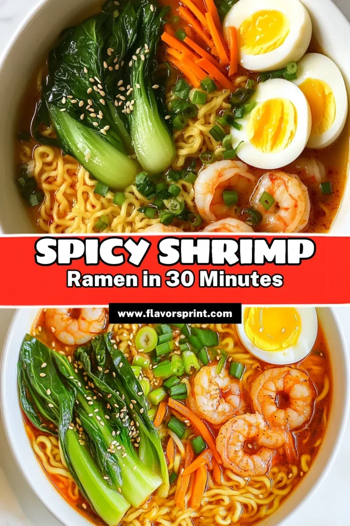 Ready to spice up your dinner? Try this delicious spicy shrimp ramen, the ultimate easy ramen recipe that takes just 30 minutes! With a rich homemade ramen broth, succulent shrimp, and vibrant veggies, this quick shrimp dinner will satisfy your cravings for Asian noodle soup. Perfectly garnished with a soft-boiled egg and sesame seeds, it's a must-try! Save this recipe for your next cozy meal! #SpicyShrimpRamen #EasyRamenRecipe #QuickDinner #AsianNoodleSoup