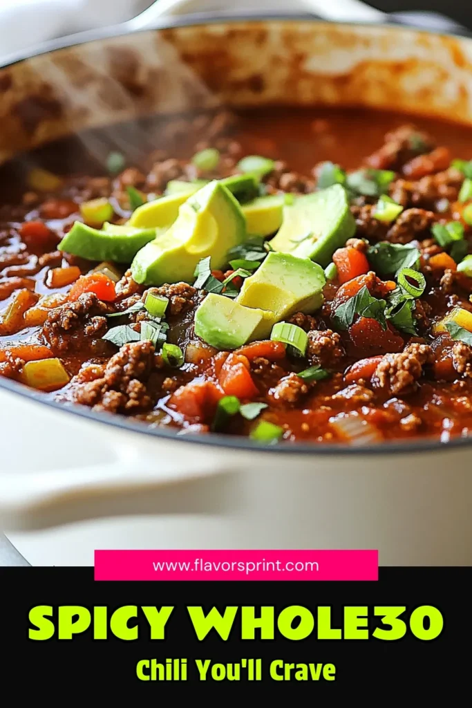Looking for a hearty meal that fits your lifestyle? Try this Whole30 chili! Our firecracker paleo chili recipe is packed with flavors and the perfect spicy chili recipe for chilly nights. Enjoy a healthy chili that's easy to make and incredibly satisfying. Whether you’re on Whole30 or just craving a delicious bowl, this healthy dish will hit the spot. Pin this recipe for your next meal prep! #Whole30Chili #PaleoChiliRecipe #HealthyChili #SpicyChiliRecipe