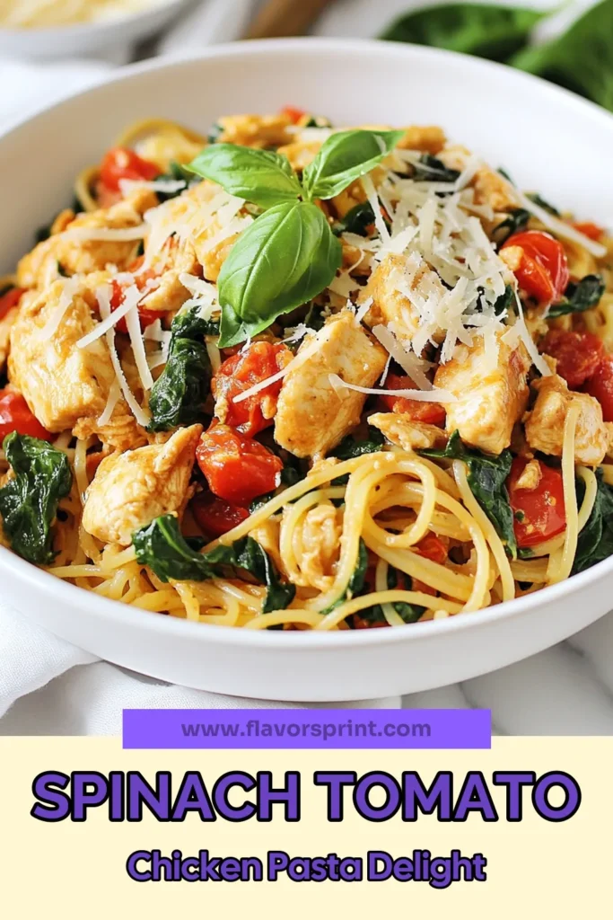 Discover the deliciousness of Tomato Spinach Chicken Pasta, a healthy chicken pasta recipe that's perfect for busy weeknights. This easy pasta dish combines whole wheat pasta with fresh spinach and diced tomatoes for a satisfying spinach tomato pasta dinner. Ready in just 30 minutes, it's a fantastic choice for wholesome meals. Try it today and savor the flavors! Save this recipe for later! #HealthyEating #PastaRecipes #EasyLunchIdeas #DinnerInspiration