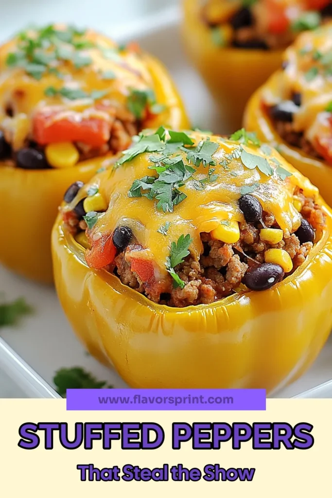 Looking for a delicious and easy taco recipe? Try these taco stuffed bell peppers packed with ground turkey, black beans, and corn! This healthy stuffed peppers recipe is perfect for a quick weeknight dinner and a great way to enjoy vibrant bell peppers. With simple ingredients, it's a meal the whole family will love. Discover exciting bell pepper dinner ideas today! Save this recipe for your next meal! #TacoStuffedBellPeppers #HealthyDinner #EasyRecipes #BellPeppers