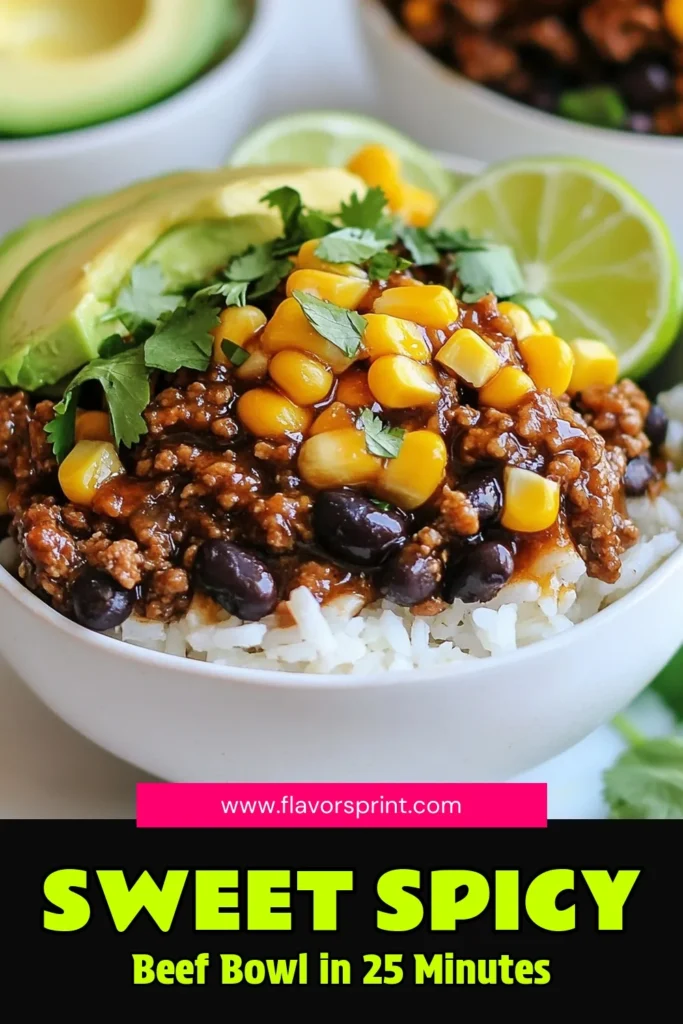 Craving something delicious? Try this Sweet Spicy Hot Honey Beef Bowl! Our quick beef bowl dinner features a flavorful blend of spicy ground beef with rice, topped with corn, black beans, and creamy avocado. This easy ground beef bowl recipe is perfect for busy weeknights. Make mealtime exciting with our hot honey beef recipes that pack a sweet kick. Don’t miss out—save this recipe today! #HotHoneyBeef #GroundBeefBowl #QuickDinner #SpicyRecipes