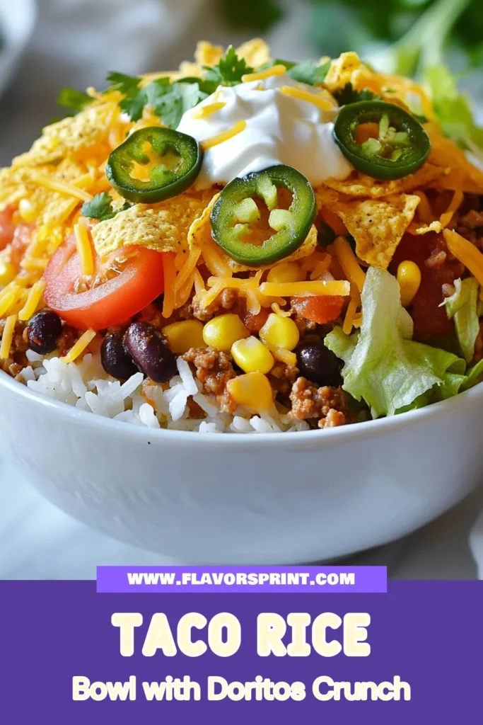 Try this Crunchy Taco Rice Bowl for an easy family-friendly meal! Our Doritos taco recipe is perfect for busy weeknights, combining seasoned ground beef and vibrant veggies in a delicious Mexican-inspired rice bowl. Kids love the flavor, and the crunch of Doritos adds a fun twist! Don’t miss out—save this easy ground beef meal for your next dinner. Perfect for taco night! #TacoRiceBowl #DoritosRecipe #EasyDinner #FamilyMeals