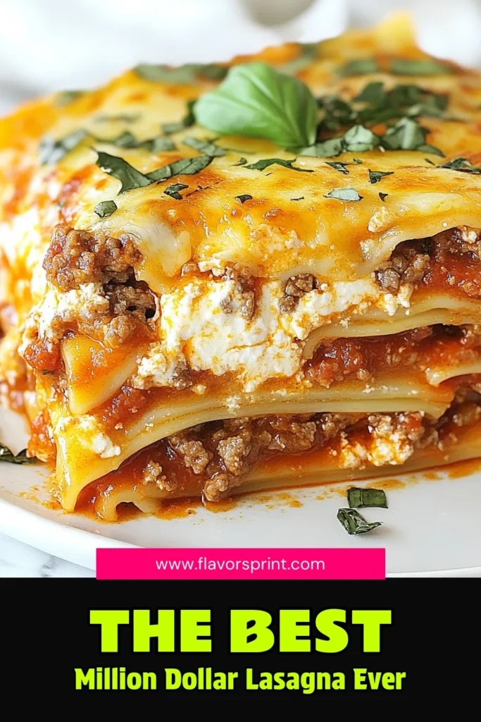 Discover the ultimate comfort food with this Million Dollar Lasagna! This easy lasagna recipe combines layers of cheesy meat lasagna filled with ground beef, ricotta, mozzarella, and fresh spinach for a delightful homemade lasagna recipe. Perfect for family dinners or gatherings, this layered lasagna with spinach is a crowd-pleaser. Try it today and impress your loved ones! Save the recipe now! #MillionDollarLasagna #EasyLasagnaRecipe #HomemadeLasagnaRecipe #CheesyMeatLasagna