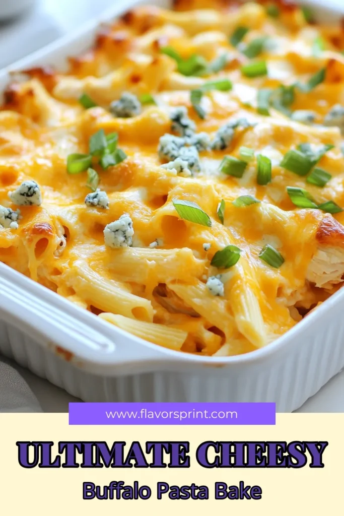 Indulge in this Cheesy Buffalo Chicken Pasta Bake, the ultimate comfort dish that combines creamy flavors and a spicy kick. This easy pasta bake recipe features rotisserie chicken and a delightful mix of cheeses for a delicious creamy Buffalo chicken casserole. Perfect for weeknight dinners, this Buffalo chicken pasta recipe is guaranteed to please everyone! Save the recipe to your boards now! #CheesyBuffaloChicken #PastaBake #BuffaloChickenCasserole #EasyRecipes