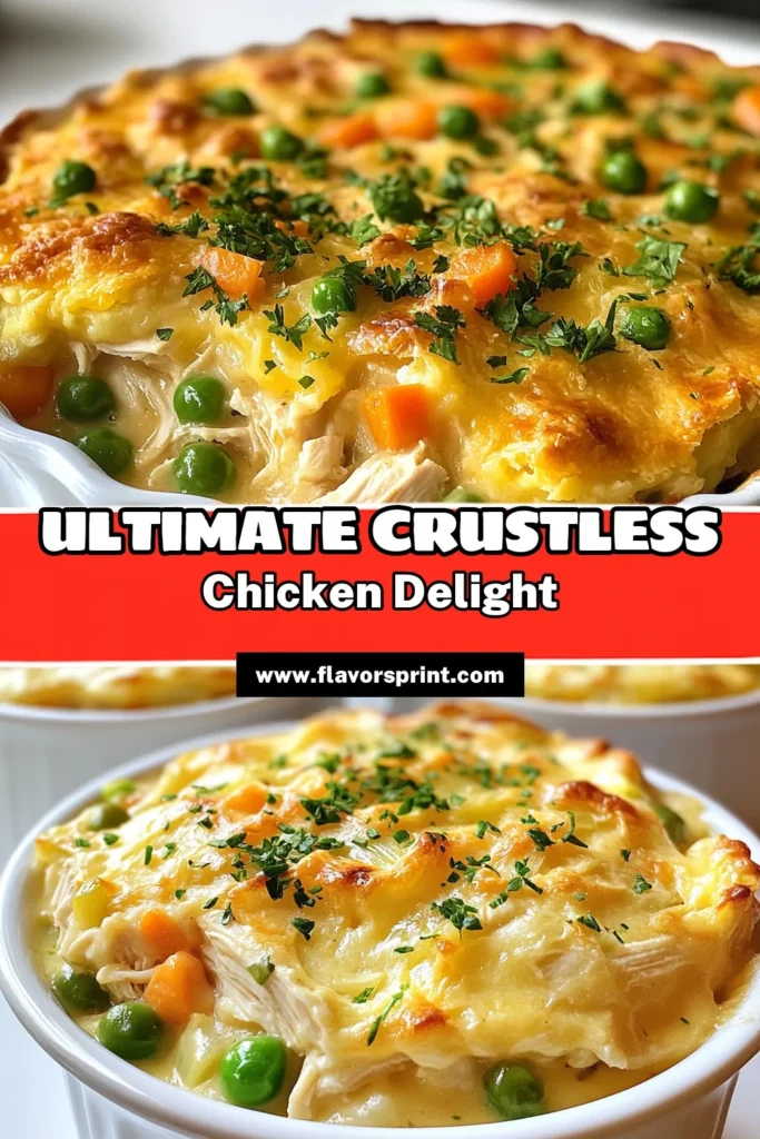 Enjoy a comforting meal with this tasty crustless chicken pot pie that's perfect for busy weeknights. This easy chicken pot pie recipe uses simple ingredients for a quick chicken dinner that's both delicious and healthy. Experience the joy of chicken pot pie without crust – a satisfying dish that the whole family will love. Try this easy recipe today and make mealtime a breeze! #CrustlessChickenPotPie #EasyDinner #HealthyRecipes #ChickenDinnerIdeas