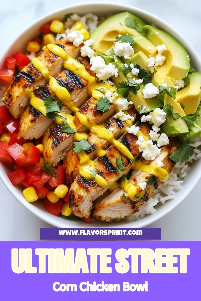 Discover the deliciousness of this Street Corn Chicken Rice Bowl, featuring tender chicken and creamy lime dressing. This easy chicken dinner recipe pairs perfectly with jasmine rice, corn, and avocado for a satisfying meal. It's a vibrant Corn and Avocado Bowl your family will love! Try this Creamy Lime Dressing Recipe to elevate your bowl. Perfect for a quick weeknight dinner. Save this recipe now! #StreetCornChicken #EasyChickenDinner #RiceBowl #HealthyEating