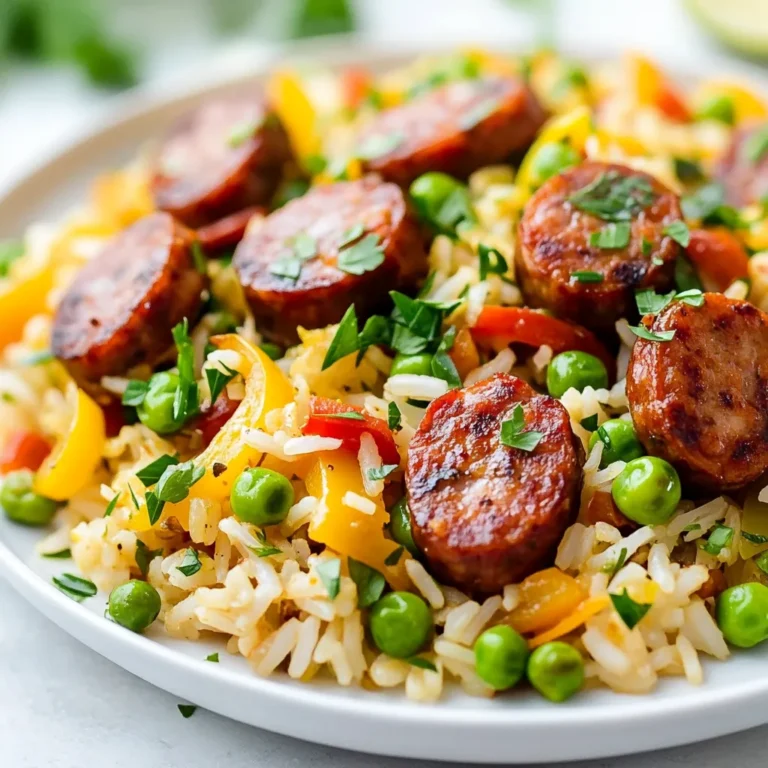 - 1 pound Andouille sausage, sliced - 1 cup long-grain white rice - 1 bell pepper (red or green), diced - 1 medium onion, diced - 3 cloves garlic, minced - 1 can (14.5 oz) diced tomatoes, undrained - 2 cups chicken broth - 1 tablespoon Cajun seasoning - 1 teaspoon dried thyme - 1 bay leaf - 1 cup frozen peas - 2 tablespoons olive oil - Salt and pepper to taste - Fresh parsley, chopped (for garnish) Gathering the right ingredients is key to this dish. Andouille sausage brings a rich, smoky flavor that defines Cajun cooking. The rice serves as a base, soaking up all the tasty juices. The bell pepper and onion add crunch and sweetness, while garlic gives a nice kick. Diced tomatoes and chicken broth create a savory sauce. Cajun seasoning gives this dish its unique flair, while thyme and bay leaf add depth. Frozen peas bring color and a fresh taste. Don't forget olive oil for cooking and seasoning with salt and pepper to enhance the flavors. Fresh parsley makes a lovely garnish, adding brightness to your plate. - Large skillet or frying pan - Cooking spoon - Measuring cups and spoons - Knife and cutting board Having the right tools makes cooking easier. A large skillet allows for even cooking. A cooking spoon helps mix ingredients well. Measuring cups and spoons ensure you add just the right amounts. A knife and cutting board are essential for chopping your veggies. - Lid for the skillet - Fork for fluffing rice Using a lid helps trap steam, cooking the rice perfectly. A fork is useful for fluffing the rice once it’s done. This will make your dish light and fluffy, ready to serve. {{ingredient_image_1}} - Heat 2 tablespoons of olive oil in the skillet over medium heat. - Add 1 pound of sliced Andouille sausage. Brown it for about 5-7 minutes. - Next, add 1 diced onion and 1 diced bell pepper to the skillet. Sauté them for about 4-5 minutes. They should become tender. - Add 3 cloves of minced garlic. Sauté for another minute until it smells great. - Stir in 1 cup of long-grain white rice. Toast it slightly for about 2 minutes. - Pour in 1 can of diced tomatoes, 2 cups of chicken broth, 1 tablespoon of Cajun seasoning, 1 teaspoon of dried thyme, and 1 bay leaf. Mix everything well. - Bring the mixture to a gentle boil. Then, lower the heat and return the sausage to the pan. Cover it and let it simmer for 18-20 minutes. The rice should be tender and absorb most of the liquid. - Once the rice is cooked, stir in 1 cup of frozen peas. Let it sit covered for another 5 minutes. This helps the peas heat up. - Remove the bay leaf and season with salt and pepper to taste. Fluff the rice with a fork before serving. - For a bright touch, garnish with freshly chopped parsley. Choosing the right Cajun seasoning is key. Look for a blend that has a mix of spices like paprika, cayenne, and garlic. You want a balance of heat and flavor. If you prefer more heat, add a pinch of cayenne or extra seasoning. For less spice, use half the amount at first and taste before adding more. To achieve perfectly cooked rice, rinse it before cooking. This removes excess starch and helps prevent stickiness. Toast the rice in the pan for two minutes. This adds a nice nutty flavor. When you combine the ingredients, make sure the rice is fully submerged in the liquid. This helps it cook evenly. Overcooking the sausage can lead to a tough texture. Cook it just until browned and crispy. Remove it from the pan to prevent it from cooking further. Not allowing the rice to rest after cooking can make it gummy. Let it sit covered for five minutes. This helps the grains firm up and absorb any remaining liquid. Pro Tips Use Quality Sausage: The flavor of your dish heavily relies on the quality of the Andouille sausage. Look for a brand that uses natural spices and has a good balance of smokiness and heat. Toast the Rice: Toasting the rice for a couple of minutes before adding liquids enhances its nutty flavor and helps prevent it from becoming mushy. Adjust the Spice Level: If you prefer a milder dish, reduce the amount of Cajun seasoning. Conversely, for more heat, feel free to add extra seasoning or a pinch of cayenne pepper. Let it Rest: Allowing the dish to sit covered after cooking lets the flavors meld and gives the rice time to absorb any remaining liquid, resulting in a better texture. {{image_2}} You can easily switch up the sausage in this dish. Kielbasa sausage works well and adds a nice flavor. If you prefer, you can use chicken or shrimp instead. Both will cook quickly and soak up the Cajun spices. Feel free to mix in more veggies. Adding corn brings sweetness and color. Zucchini can add a nice crunch. You can use frozen or fresh vegetables based on what you have. Just remember to adjust cooking times if you add fresh options. If you're looking for a healthy twist, try brown rice or quinoa. They add more fiber and nutrients. You can also use flavored rice, like garlic or herb rice, to give your dish a new taste. Just make sure to adjust the liquids based on what you use. To keep your One Pan Cajun Sausage and Rice fresh, place it in a container. Make sure it is airtight. You can refrigerate the dish for up to four days. This keeps the flavors intact and safe to eat. For best results, use glass or BPA-free plastic containers. They seal well and won’t retain odors. If you have more than one serving, consider using smaller containers. This makes it easy to grab a portion later. When it's time to eat again, you can reheat this dish in two ways. The microwave is quick. Just place the food in a microwave-safe bowl. Heat in short bursts, checking often. Stir the rice to help it heat evenly. The stovetop is another option. Place the dish in a skillet over low heat. Add a splash of chicken broth or water. This helps keep the rice moist. Stir frequently until everything is hot. If you want to save some for later, freezing is great. Portion out the leftovers into freezer-safe bags or containers. Make sure to remove air before sealing. This prevents freezer burn. To thaw, move the container to the fridge overnight. If you're in a hurry, you can use the microwave. Just use the defrost setting. After thawing, reheat as mentioned above. Enjoy your flavorful meal anytime! It takes about 40 minutes to cook One Pan Cajun Sausage and Rice. This includes 10 minutes of prep and 30 minutes of cooking. The cooking time allows the rice to soak up all the tasty flavors. Yes, you can use other sausages. Kielbasa is a great choice. Chicken sausage also works well for a lighter dish. Feel free to use what you like. Just keep the cooking time similar. Yes, this recipe is gluten-free. The main ingredients do not contain gluten. Just make sure your chicken broth is gluten-free. Always check labels if you are unsure. One Pan Cajun Sausage and Rice is a tasty and easy meal. We covered the key ingredients and steps for cooking this dish. You learned about tips and tricks to enhance flavor and avoid common mistakes. We also discussed variations and storage info for leftovers. This meal works well for a busy weeknight. It offers flexibility for ingredients, making it enjoyable for all. Try it out and make it your own!
