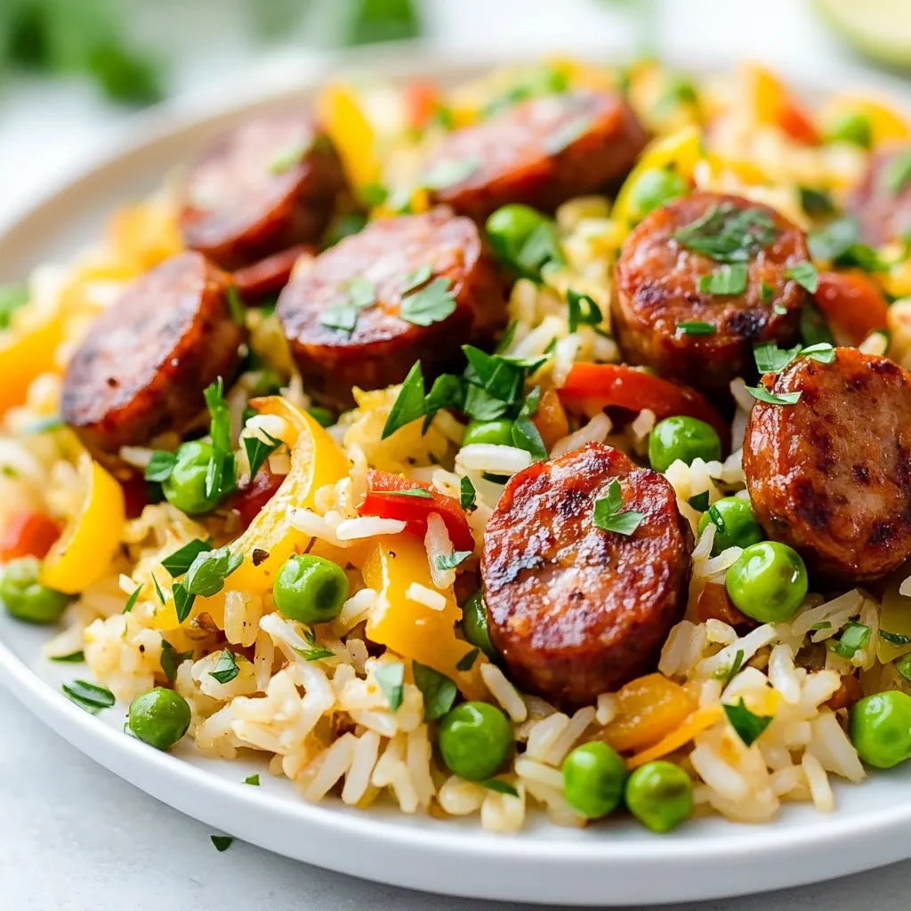 - 1 pound Andouille sausage, sliced - 1 cup long-grain white rice - 1 bell pepper (red or green), diced - 1 medium onion, diced - 3 cloves garlic, minced - 1 can (14.5 oz) diced tomatoes, undrained - 2 cups chicken broth - 1 tablespoon Cajun seasoning - 1 teaspoon dried thyme - 1 bay leaf - 1 cup frozen peas - 2 tablespoons olive oil - Salt and pepper to taste - Fresh parsley, chopped (for garnish) Gathering the right ingredients is key to this dish. Andouille sausage brings a rich, smoky flavor that defines Cajun cooking. The rice serves as a base, soaking up all the tasty juices. The bell pepper and onion add crunch and sweetness, while garlic gives a nice kick. Diced tomatoes and chicken broth create a savory sauce. Cajun seasoning gives this dish its unique flair, while thyme and bay leaf add depth. Frozen peas bring color and a fresh taste. Don't forget olive oil for cooking and seasoning with salt and pepper to enhance the flavors. Fresh parsley makes a lovely garnish, adding brightness to your plate. - Large skillet or frying pan - Cooking spoon - Measuring cups and spoons - Knife and cutting board Having the right tools makes cooking easier. A large skillet allows for even cooking. A cooking spoon helps mix ingredients well. Measuring cups and spoons ensure you add just the right amounts. A knife and cutting board are essential for chopping your veggies. - Lid for the skillet - Fork for fluffing rice Using a lid helps trap steam, cooking the rice perfectly. A fork is useful for fluffing the rice once it’s done. This will make your dish light and fluffy, ready to serve. {{ingredient_image_1}} - Heat 2 tablespoons of olive oil in the skillet over medium heat. - Add 1 pound of sliced Andouille sausage. Brown it for about 5-7 minutes. - Next, add 1 diced onion and 1 diced bell pepper to the skillet. Sauté them for about 4-5 minutes. They should become tender. - Add 3 cloves of minced garlic. Sauté for another minute until it smells great. - Stir in 1 cup of long-grain white rice. Toast it slightly for about 2 minutes. - Pour in 1 can of diced tomatoes, 2 cups of chicken broth, 1 tablespoon of Cajun seasoning, 1 teaspoon of dried thyme, and 1 bay leaf. Mix everything well. - Bring the mixture to a gentle boil. Then, lower the heat and return the sausage to the pan. Cover it and let it simmer for 18-20 minutes. The rice should be tender and absorb most of the liquid. - Once the rice is cooked, stir in 1 cup of frozen peas. Let it sit covered for another 5 minutes. This helps the peas heat up. - Remove the bay leaf and season with salt and pepper to taste. Fluff the rice with a fork before serving. - For a bright touch, garnish with freshly chopped parsley. Choosing the right Cajun seasoning is key. Look for a blend that has a mix of spices like paprika, cayenne, and garlic. You want a balance of heat and flavor. If you prefer more heat, add a pinch of cayenne or extra seasoning. For less spice, use half the amount at first and taste before adding more. To achieve perfectly cooked rice, rinse it before cooking. This removes excess starch and helps prevent stickiness. Toast the rice in the pan for two minutes. This adds a nice nutty flavor. When you combine the ingredients, make sure the rice is fully submerged in the liquid. This helps it cook evenly. Overcooking the sausage can lead to a tough texture. Cook it just until browned and crispy. Remove it from the pan to prevent it from cooking further. Not allowing the rice to rest after cooking can make it gummy. Let it sit covered for five minutes. This helps the grains firm up and absorb any remaining liquid. Pro Tips Use Quality Sausage: The flavor of your dish heavily relies on the quality of the Andouille sausage. Look for a brand that uses natural spices and has a good balance of smokiness and heat. Toast the Rice: Toasting the rice for a couple of minutes before adding liquids enhances its nutty flavor and helps prevent it from becoming mushy. Adjust the Spice Level: If you prefer a milder dish, reduce the amount of Cajun seasoning. Conversely, for more heat, feel free to add extra seasoning or a pinch of cayenne pepper. Let it Rest: Allowing the dish to sit covered after cooking lets the flavors meld and gives the rice time to absorb any remaining liquid, resulting in a better texture. {{image_2}} You can easily switch up the sausage in this dish. Kielbasa sausage works well and adds a nice flavor. If you prefer, you can use chicken or shrimp instead. Both will cook quickly and soak up the Cajun spices. Feel free to mix in more veggies. Adding corn brings sweetness and color. Zucchini can add a nice crunch. You can use frozen or fresh vegetables based on what you have. Just remember to adjust cooking times if you add fresh options. If you're looking for a healthy twist, try brown rice or quinoa. They add more fiber and nutrients. You can also use flavored rice, like garlic or herb rice, to give your dish a new taste. Just make sure to adjust the liquids based on what you use. To keep your One Pan Cajun Sausage and Rice fresh, place it in a container. Make sure it is airtight. You can refrigerate the dish for up to four days. This keeps the flavors intact and safe to eat. For best results, use glass or BPA-free plastic containers. They seal well and won’t retain odors. If you have more than one serving, consider using smaller containers. This makes it easy to grab a portion later. When it's time to eat again, you can reheat this dish in two ways. The microwave is quick. Just place the food in a microwave-safe bowl. Heat in short bursts, checking often. Stir the rice to help it heat evenly. The stovetop is another option. Place the dish in a skillet over low heat. Add a splash of chicken broth or water. This helps keep the rice moist. Stir frequently until everything is hot. If you want to save some for later, freezing is great. Portion out the leftovers into freezer-safe bags or containers. Make sure to remove air before sealing. This prevents freezer burn. To thaw, move the container to the fridge overnight. If you're in a hurry, you can use the microwave. Just use the defrost setting. After thawing, reheat as mentioned above. Enjoy your flavorful meal anytime! It takes about 40 minutes to cook One Pan Cajun Sausage and Rice. This includes 10 minutes of prep and 30 minutes of cooking. The cooking time allows the rice to soak up all the tasty flavors. Yes, you can use other sausages. Kielbasa is a great choice. Chicken sausage also works well for a lighter dish. Feel free to use what you like. Just keep the cooking time similar. Yes, this recipe is gluten-free. The main ingredients do not contain gluten. Just make sure your chicken broth is gluten-free. Always check labels if you are unsure. One Pan Cajun Sausage and Rice is a tasty and easy meal. We covered the key ingredients and steps for cooking this dish. You learned about tips and tricks to enhance flavor and avoid common mistakes. We also discussed variations and storage info for leftovers. This meal works well for a busy weeknight. It offers flexibility for ingredients, making it enjoyable for all. Try it out and make it your own!